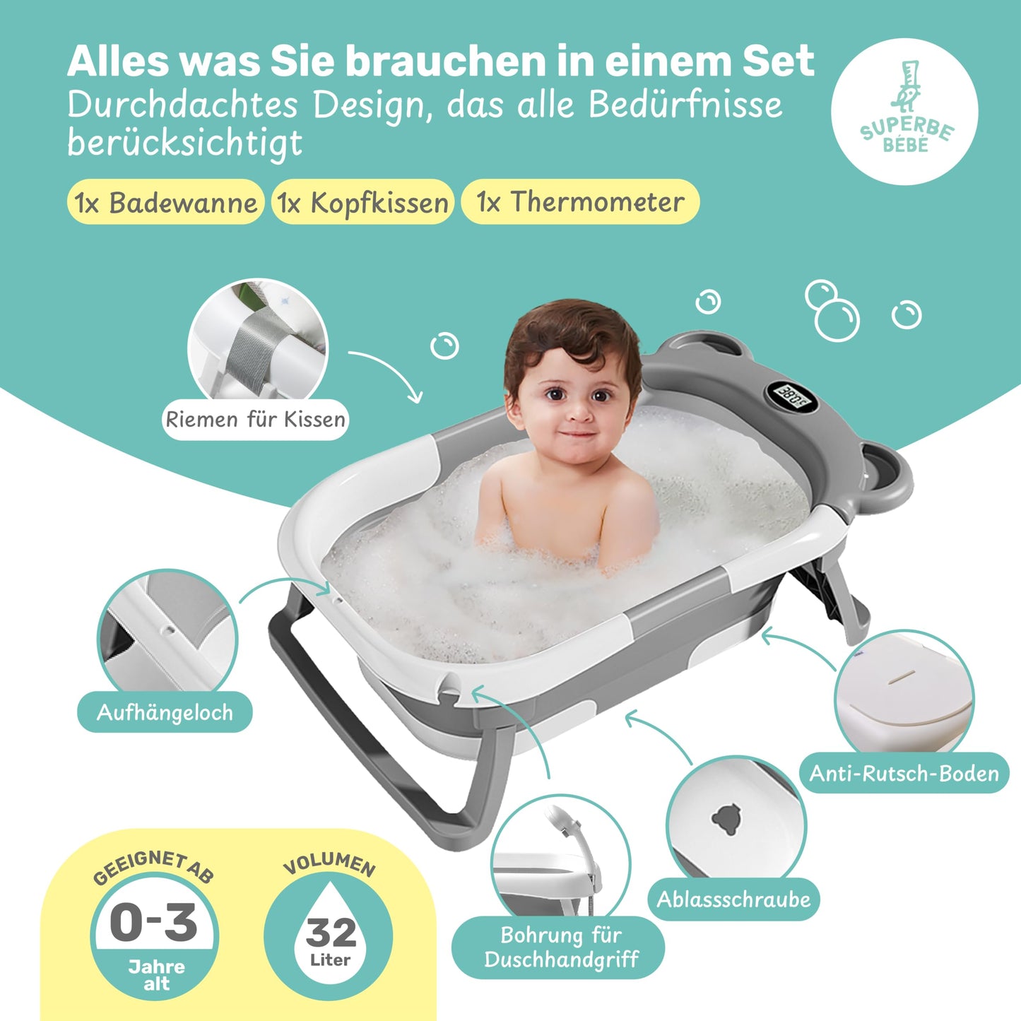 Faltbar Baby Badewanne Mit Rutschfestem Badekissen - Babywanne XXL Mit Baby Badewannensitz & Badethermometer - Von Der Geburt Bis 3 Jahre - Baby Bathtub - Geburtsgeschenke Für Mädchen & Jungen