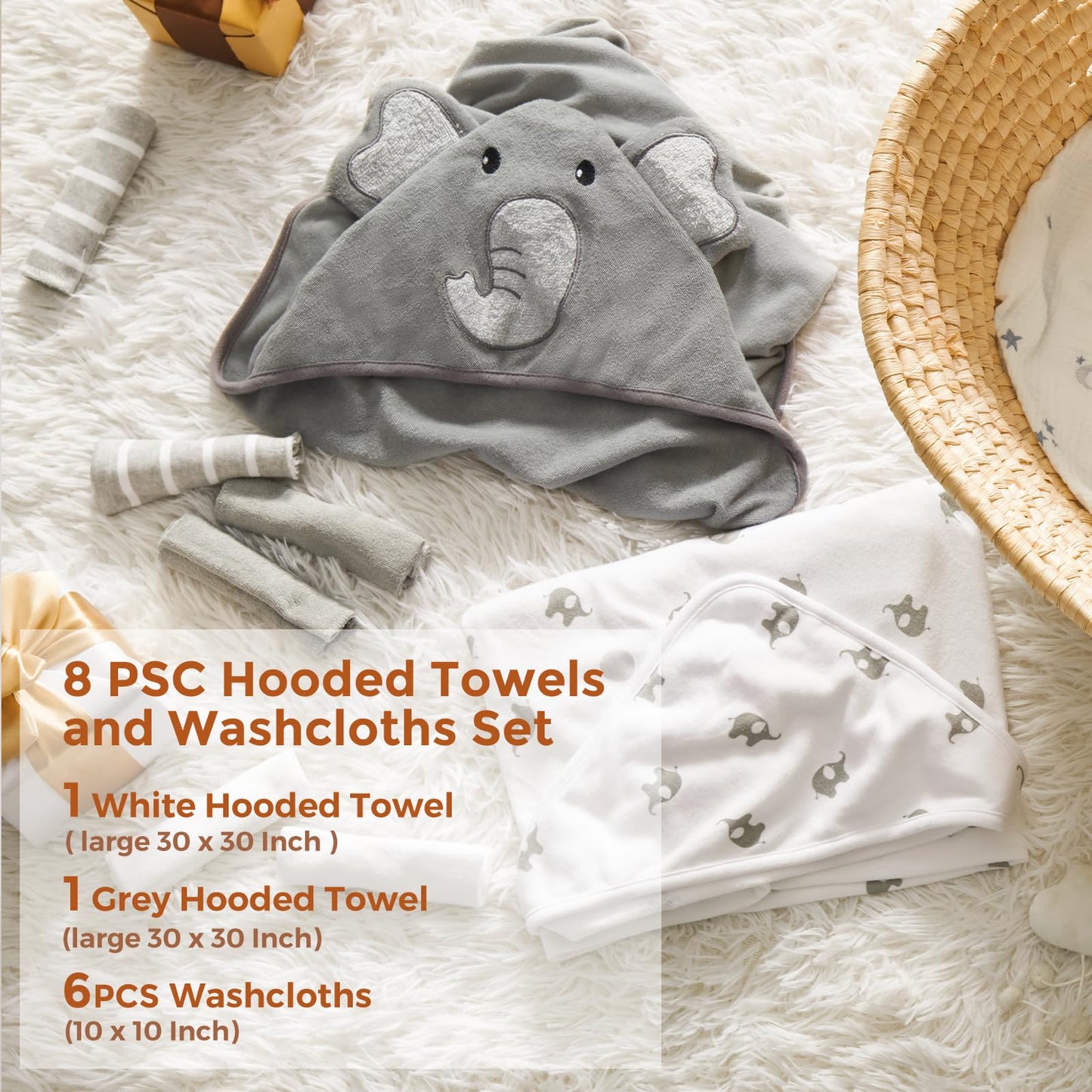 Momcozy Bambus Baby Badetücher Set 5er Pack, Babyhandtuch mit Kapuze , Waschlappen 3 Stück, Baby Bad Handschuh 1 Stück, Extrem Weich, Atmungsaktiv, Geeignet für Mädchen und Jungen
