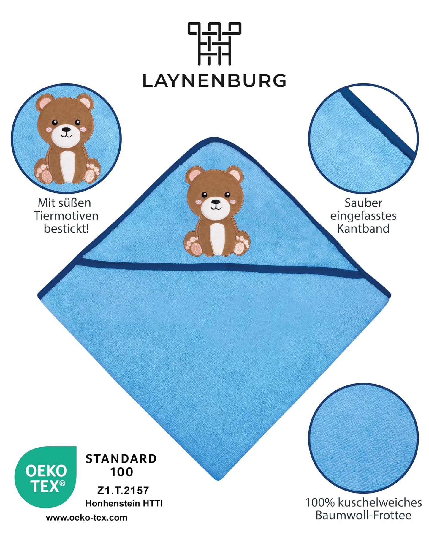 LAYNENBURG Premium Kapuzenhandtuch Baby - Badehandtuch aus 100% Baumwolle - Oeko TEX - Handtuch mit Kapuze für Neugeborene & Kinder - Badetuch, Babyhandtuch Mädchen, Jungen (Waschbär 80 x 80cm)