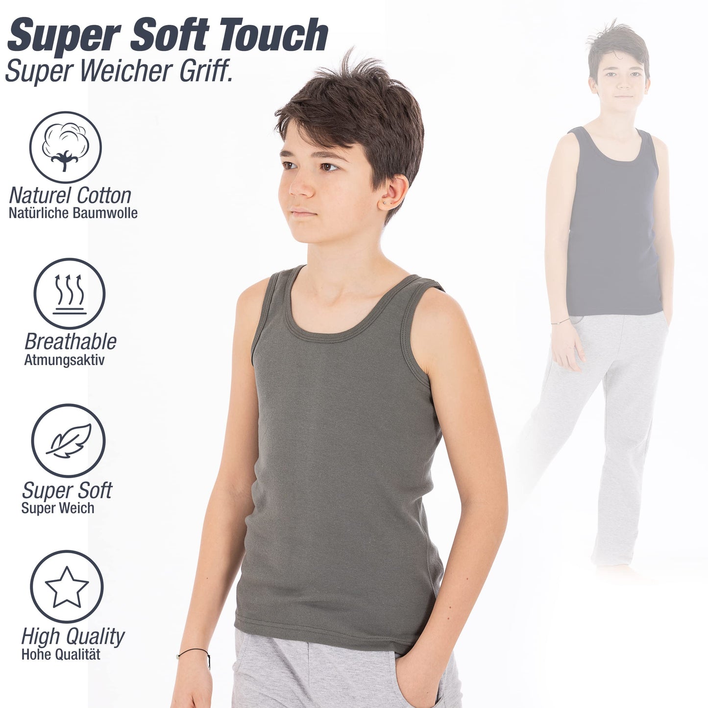 LOREZA ® 5 Pack Jungen Unterhemden Feinripp 100% Baumwolle ohne Seitennaht Tank Top