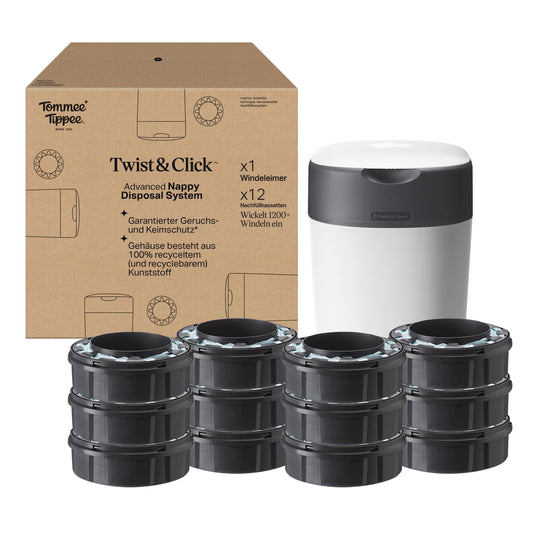 Tommee Tippee Twist and Click Advanced Windeleimer, umweltfreundliches System, inkl. 6x Nachfüllkassetten mit nachhaltig gewonnenem, antibakteriellem GREENFILM, Weiβ