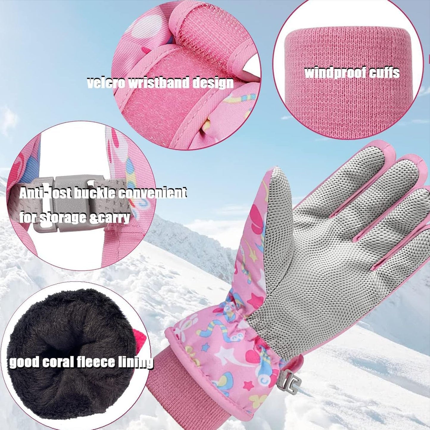 HNGEMSY Children's Winter Snow Gloves Ski Gloves for 2-13 Years Girls Boys PU Palm Waterproof Windproof Warm Fleece Winter Gloves