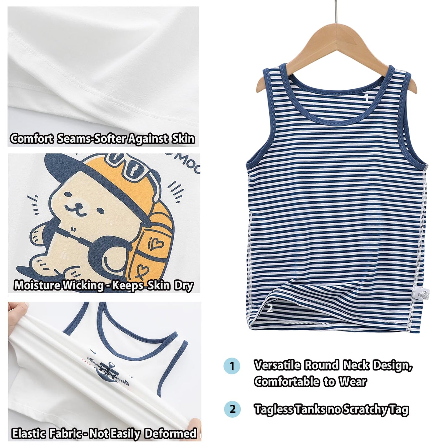 Boletochic 2-10 Years Boys' Vests Cotton Sleeveless Underwear Boys Breathable Soft Tank Tops Pack of 5