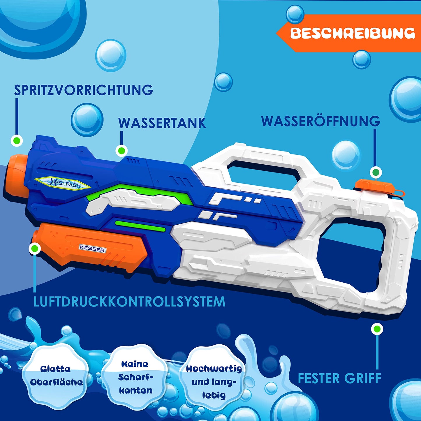 KESSER® Wasserpistole 2er Set Wasserpistolen Spritzpistolen Reichweite 10-11 Meter, Fassungsvermögen 1500ml Wasserspaß Strand Spielzeug im Freien für Kinder und Erwachsene Strandpool, Blau/Weiß