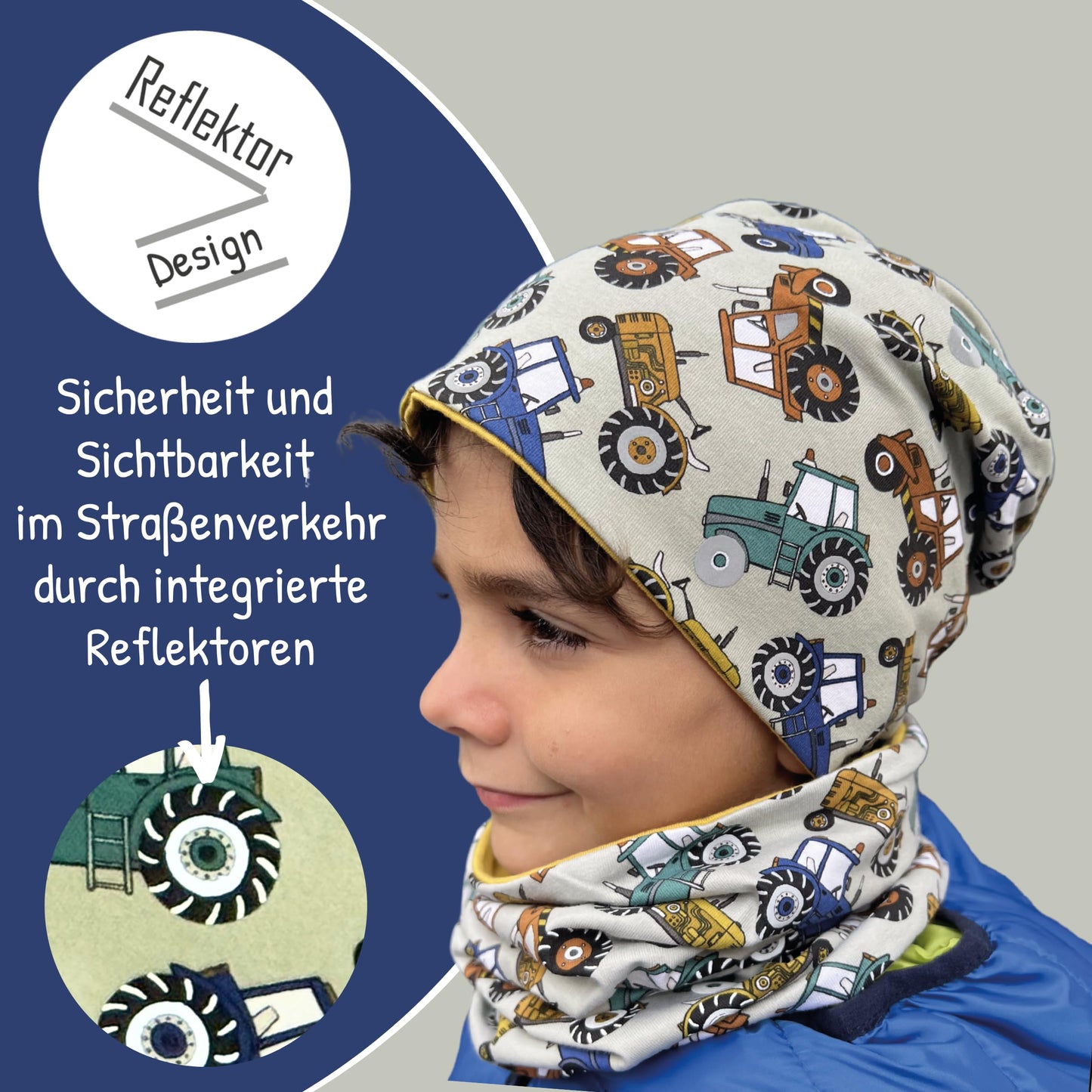 Heckbo 360° Reflector Children's Hat & Loop Scarf Set, Many Designs, 2–8 Years, 95% Cotton, Soft & Easy-Care Stretch Material, for Boys, Girls, Beanie for Spring, Summer, Autumn, Winter