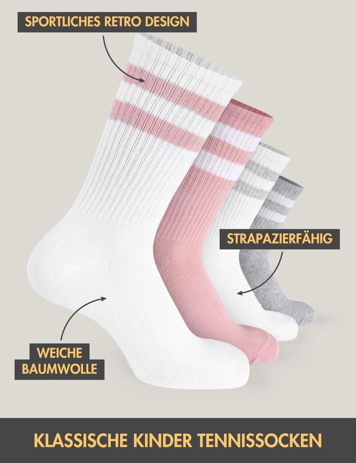 Basic Treasure 4 Paar Sportsocken Kinder, Kindersocken Baumwolle, Kinder Socken Jungen und Mädchen, Tennissocken