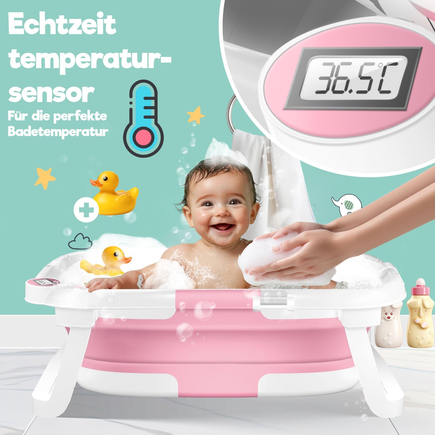 KIDIZ® Baby Bathtub, Baby Bathtub, Space-Saving & Foldable, Bath Tub, Shower Tray for Newborns, Toddlers, 0-24 Months, Portable Travel Shower for Babies, Ergonomic Bathtub with Thermostat and