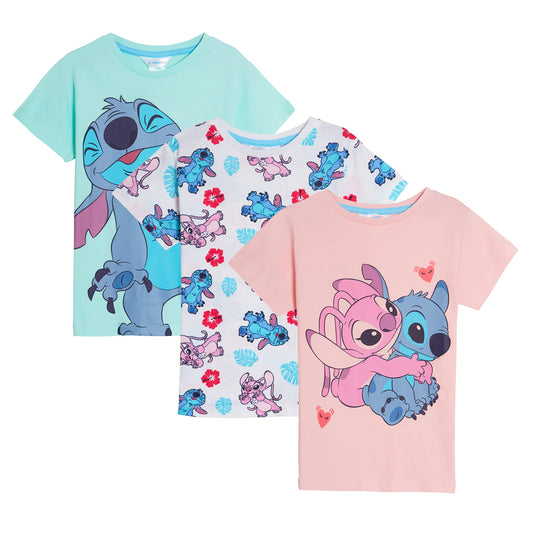 Disney Mädchen 3er-Pack Lilo und Stitch T-Shirts Kinder Angel Sommertop Kurzarm-T-Shirts