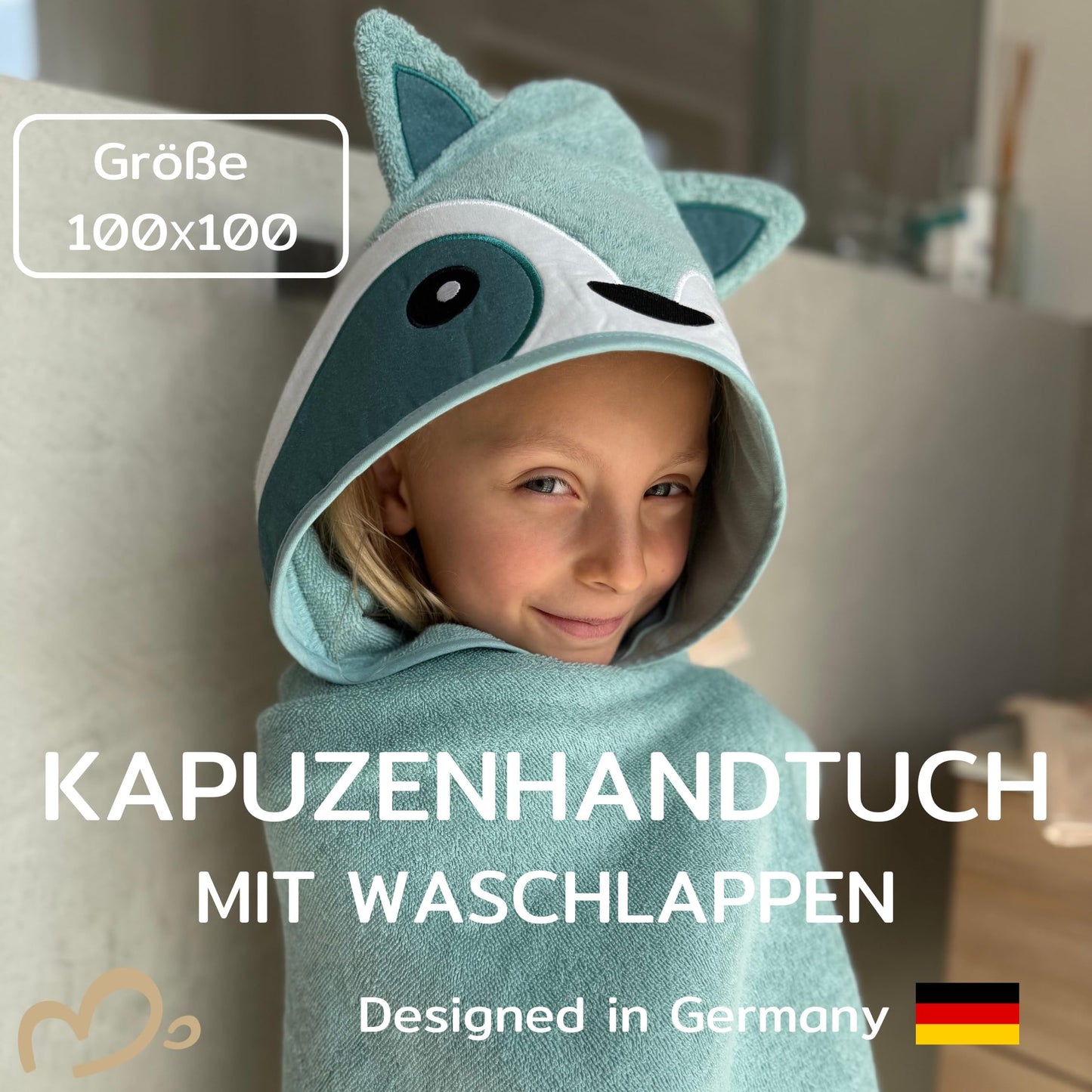 MIRARI Kids Babyhandtuch mit Kapuze und Waschlappen 100x100 cm – Handtuch Rentier aus 100% Baumwolle - REH Badetuch mit Kapuze - Geschenk Geburt - Baby Erstausstattung Neugeborenen Set