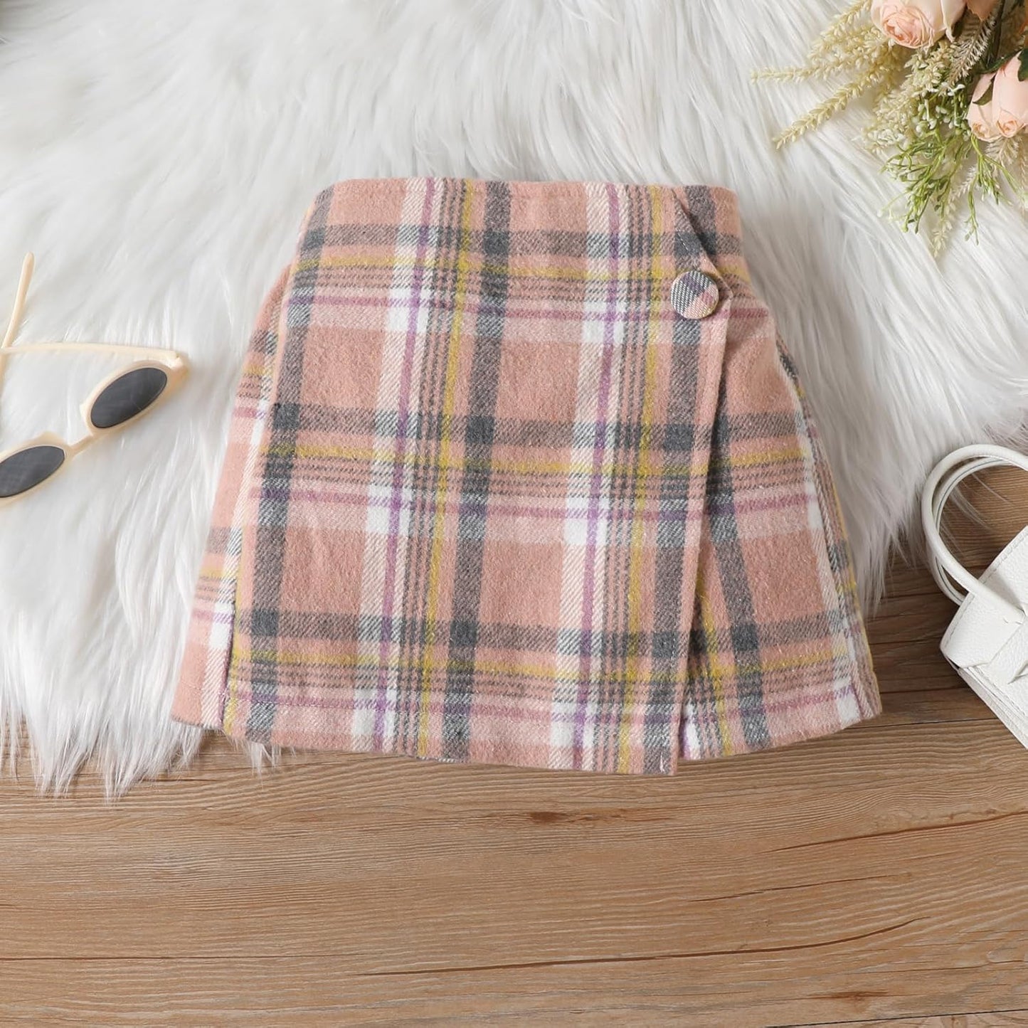 UUAISSO Kleinkind Baby Mädchen Kleidung Langarm Gerippte Oberteile Plaid Tweed Muster Rock Baskenmütze Herbst Knopf Outfits Sets