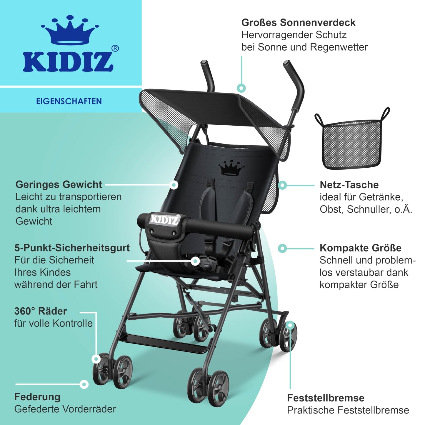 KIDIZ® City Buggy Foldable 360° 4 Inch Wheels Including Sun and Rain Cover Foldable 5-Point Safety Belt from 6 Months Anthracite - Meloni2