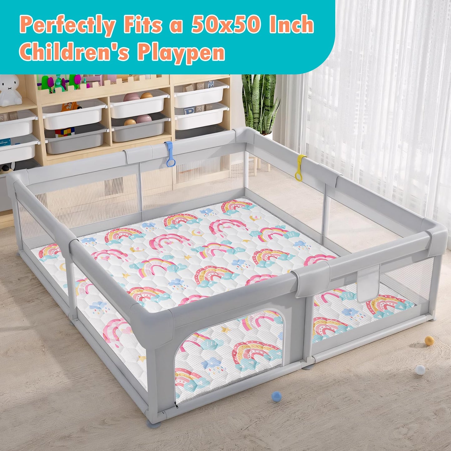 NiBaby Baby Krabbelmatte 127x127cm, Faltbare Spielmatte für Baby mit Rutschfeste Unterseite, Hypoallergen und Sicher für Babys, Krabbeldecke Baby Ideal für Innen und Außen(Regenbogen)