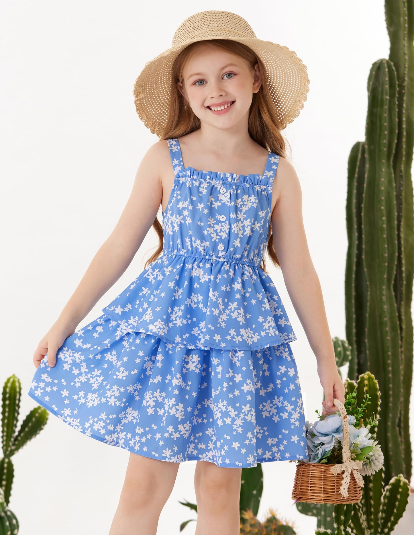 GRACE KARIN Mädchen Sommer Blumen Kleid Kinder Prinzessin A-Linie Freizeit Swing Kleid Verstellbare Spaghetti-Träger Doppelter Saum