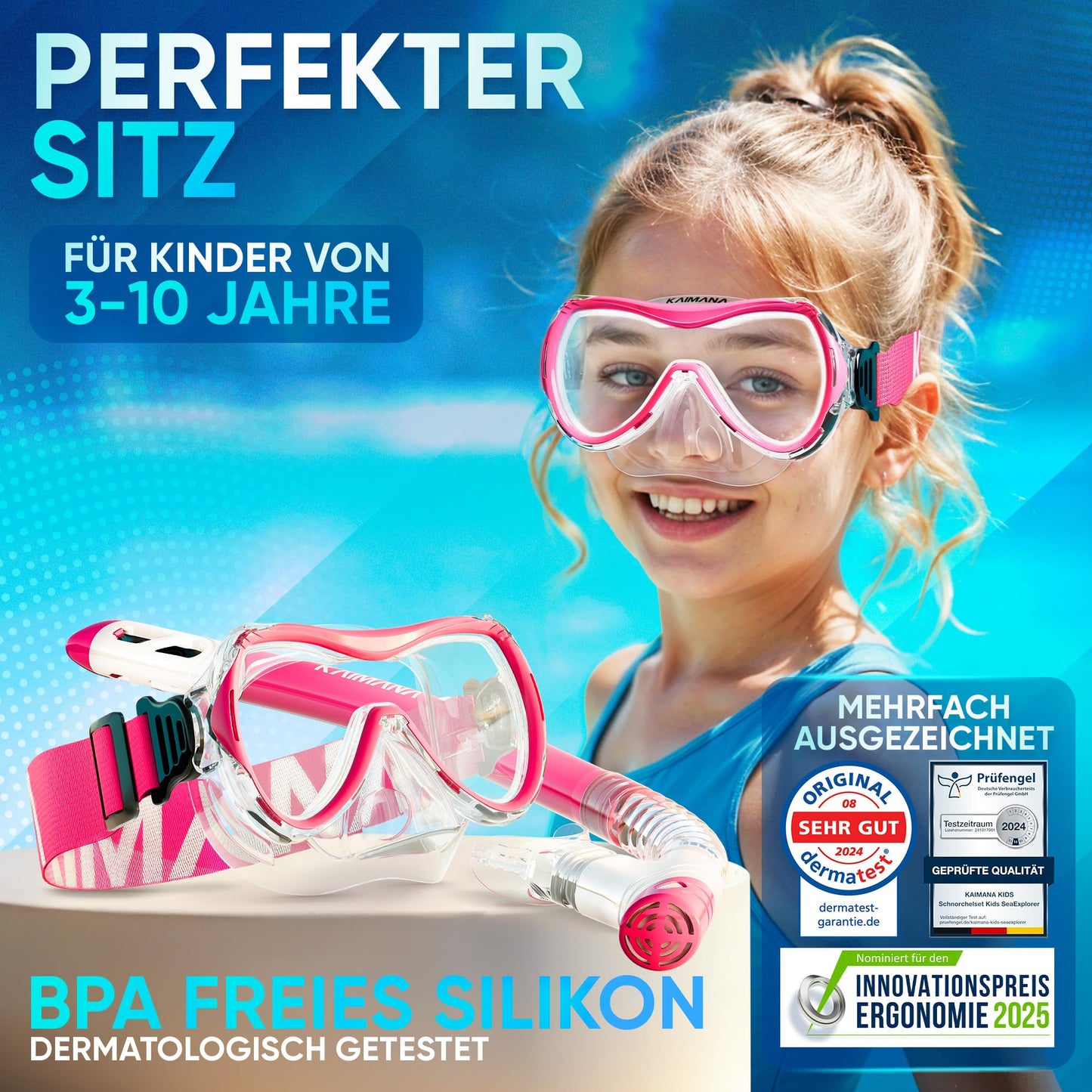 Das Neue KAIMANA® SeaExplorer Schnorchelset Kinder + Tragetasche, Taucherbrille mit Schnorchel, Taucherbrille Kinder, Alternative zur Schnorchelmaske Kinder, Taucherbrille mit Stoffband/Silikonband