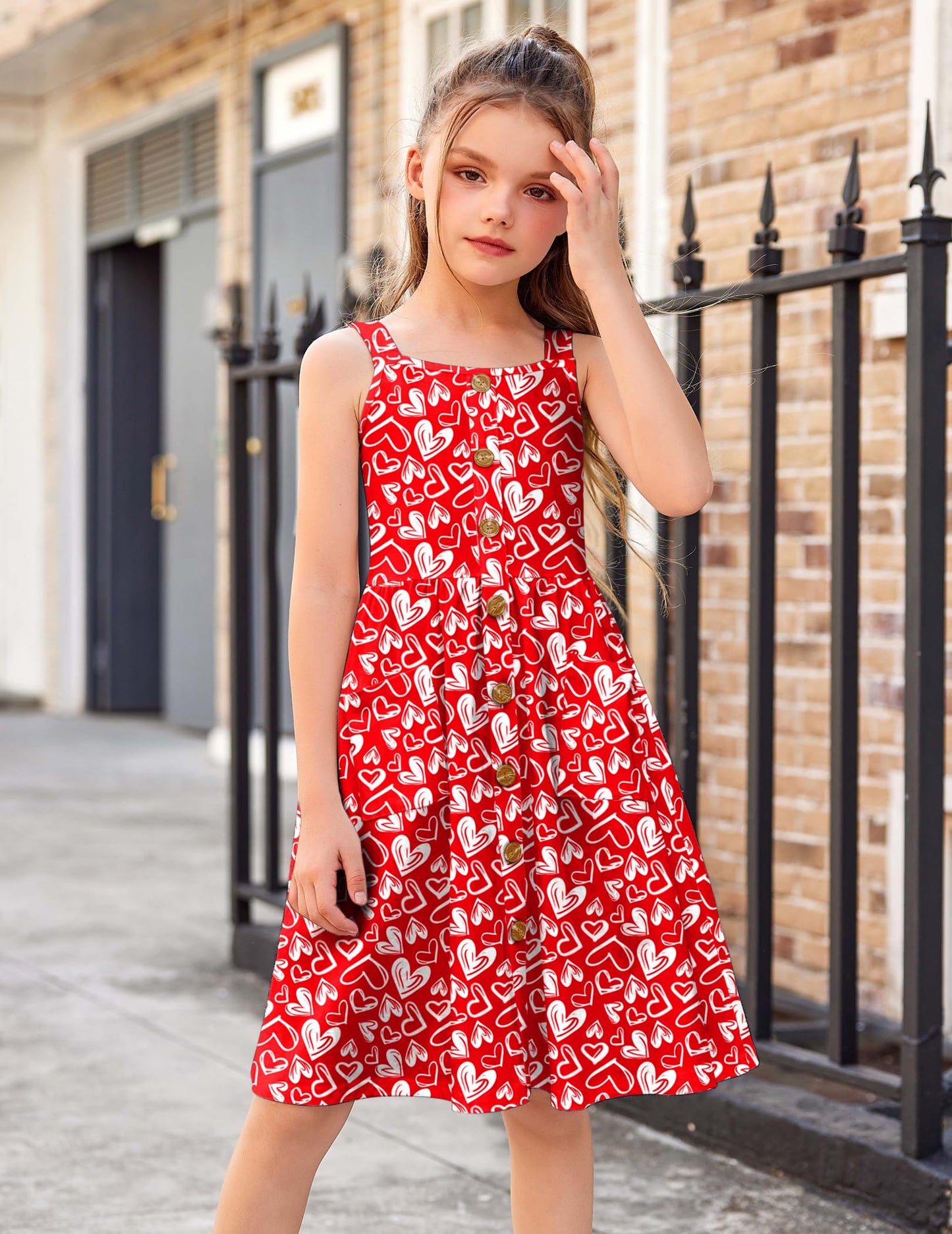 Arshiner Girls Dresses Sleeveless Children's Dress Button Front Strap Dress Summer Cotton Swing Dress Festive A-Line Casual Dress Elegant Dress for Girls 5-14 Years