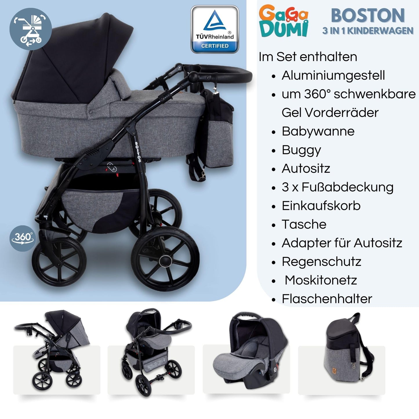 GaGaDumi Boston Kinderwagen 3 in 1 Komplettset mit Autositz - Kombikinderwagen mit großen Rädern - TÜV-zertifiziert - Baby Stroller Set - für Neugeborene und Kleinkinder Schwarz