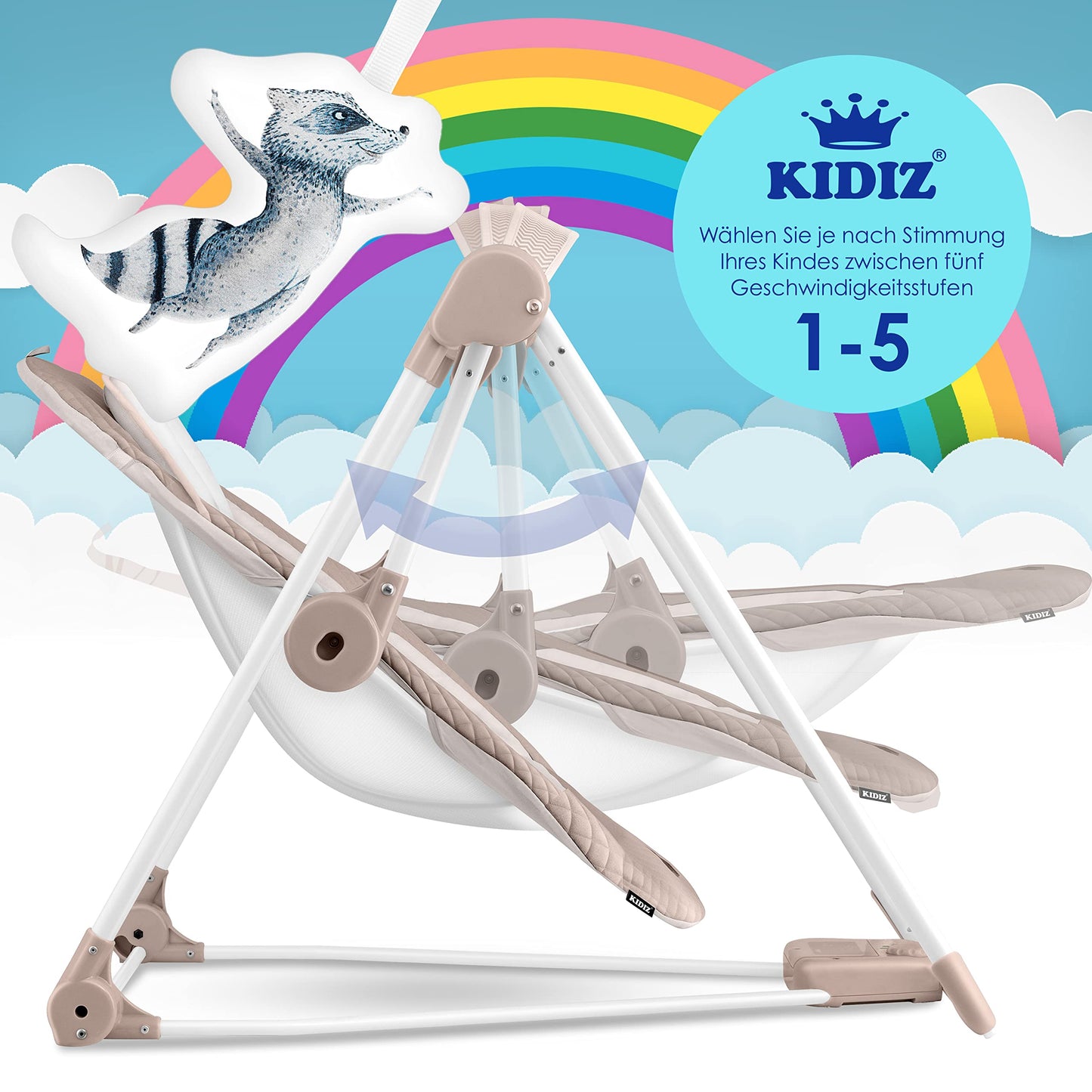 KIDIZ® Baby Rocker Baby Swing with 5 Speed Settings Foldable Baby Rocker Swing Baby High Chair with Play Arch Toys 5 Soothing Natural Sounds Newborn Anthracite