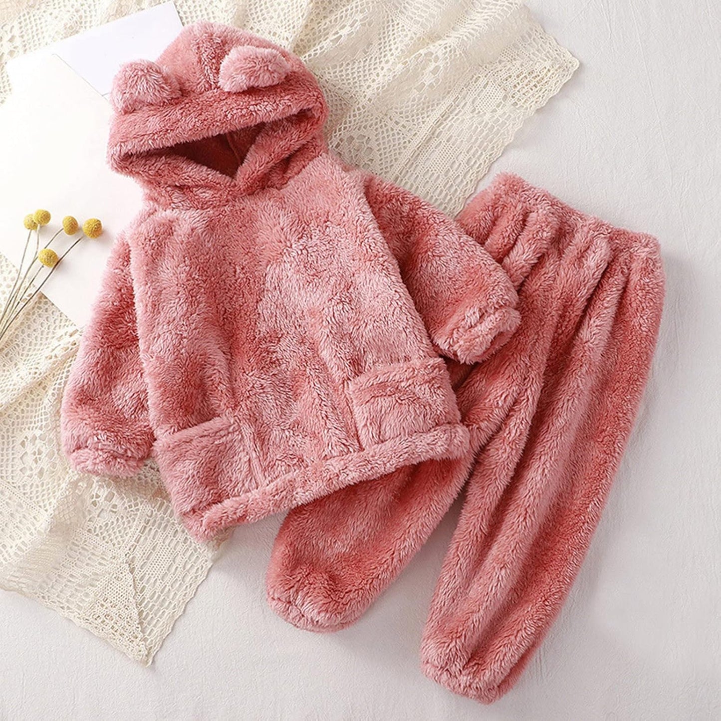 Fccrian Kleinkind Kinder Baby Mädchen Jungen Kleidung Winter Warm Kapuze Ohr Sweatshirt Tops und Hosen 2-teiliges Herbst-Outfits Pyjama Nachtwäsche Set Baby Pyjama einfarbig