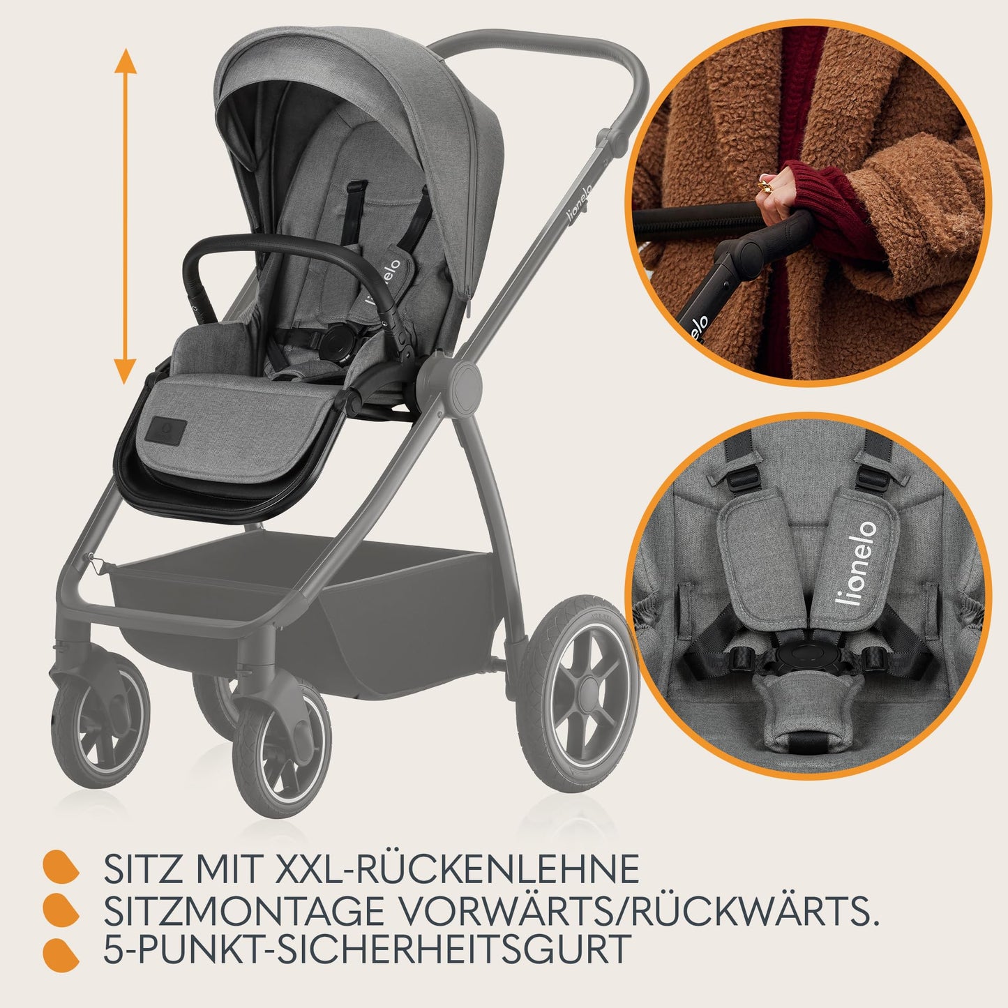 LIONELO MERIL 3-in-1 Multifunktionaler Kinderwagen 0-48 Monate Bis zu 22 kg, Babywanne bis zu 9 kg, Kindersitz bis zu 13 kg, Geländeräder 360°, Vollfederung, XXL-Verdeck mit UPF50+ - Meloni2