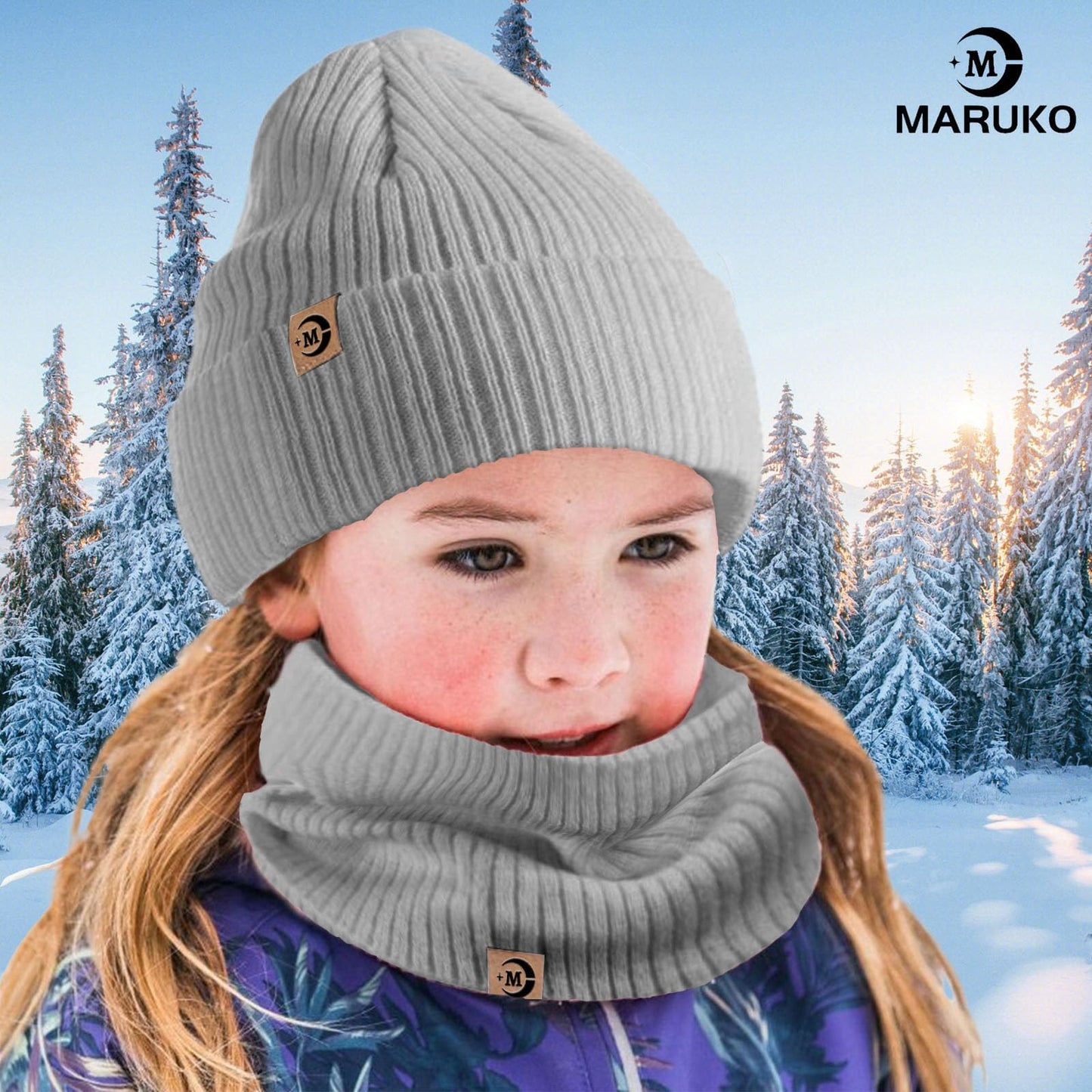 MARUKO Children's Winter Hat Scarf Gloves Set 3 in 1, Toddler Knitted Beanie Neck Warmer, Thick Fleece Thermal Knit Hat Scarf Gloves Set for Children Aged 2-8