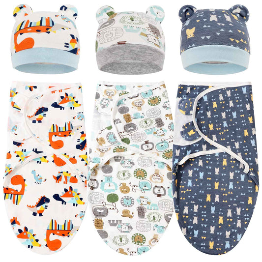 DRESHOW Neugeborene Swaddle Decke Hut Set Baby Gedruckt Swaddles Säugling Einstellbar Schlafsack für 0-3 Monate Mädchen Jungen