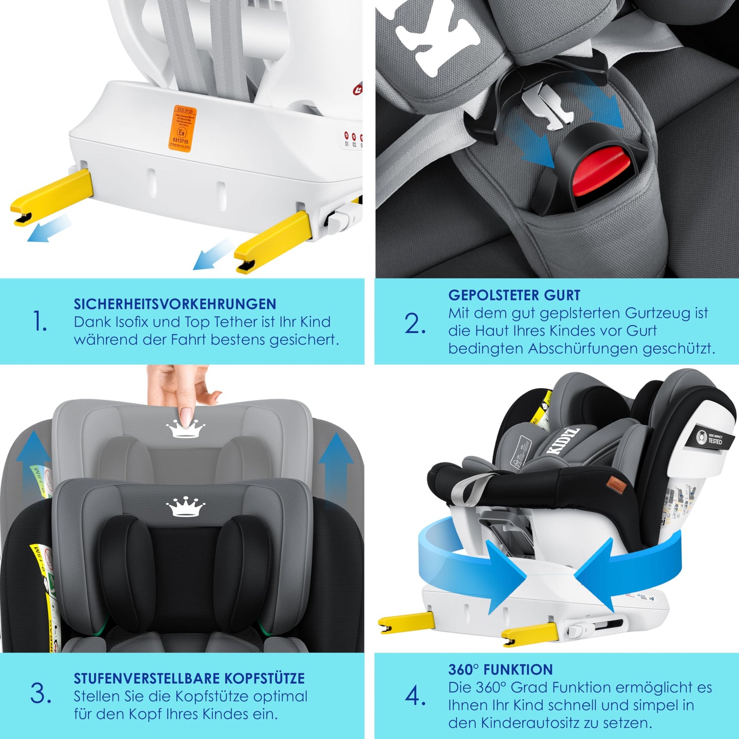 KIDIZ® Kindersitz Baby Autositz Kinderautositz Isofix Top Tether 360° drehbar Gruppe 0/1/2/3 ab Geburt 0-36kg Mit Sonnenschutzdach Seitenschutz 5 Punkt Gurt Kopfstützenverstellung ECE R129 Grau - Meloni2