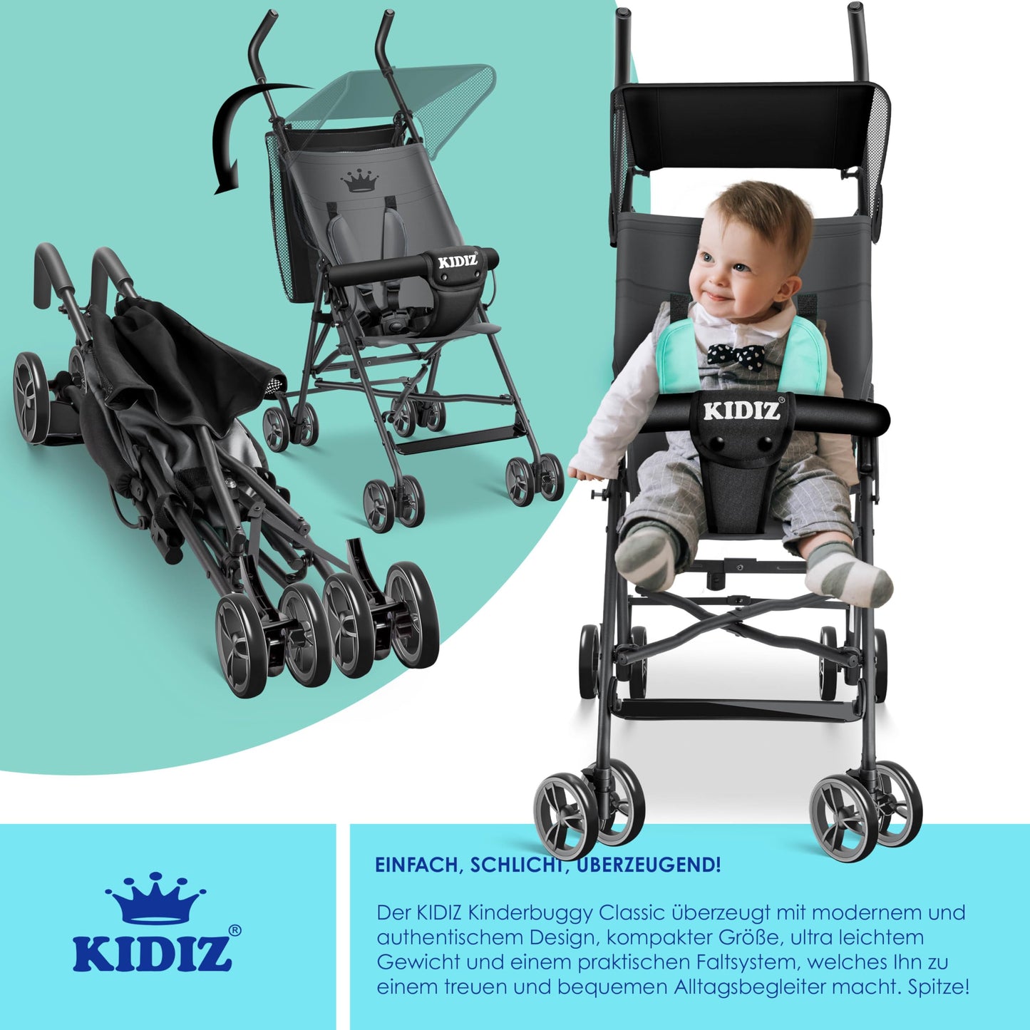 KIDIZ® City Buggy Foldable 360° 4 Inch Wheels Including Sun and Rain Cover Foldable 5-Point Safety Belt from 6 Months Anthracite - Meloni2