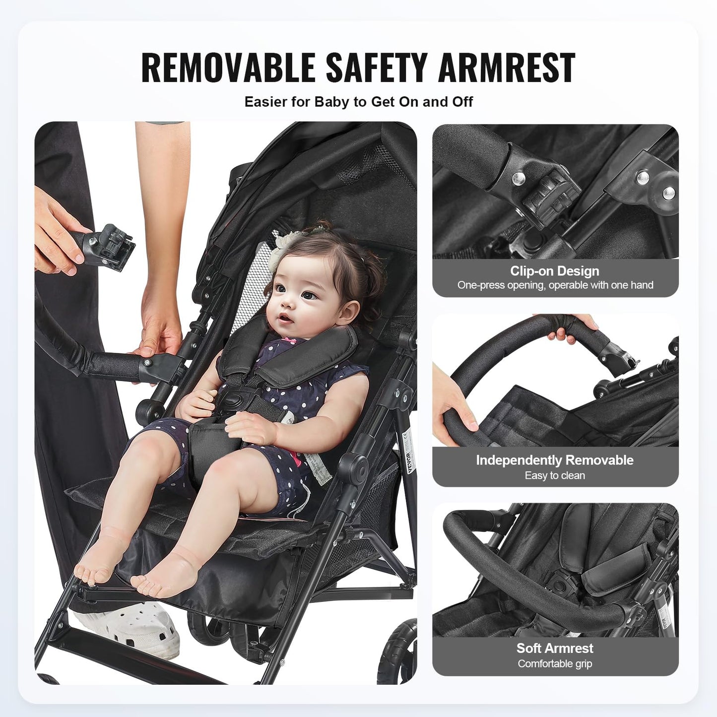 VEVOR Leichter Kinderwagen, kompakt, einfach zusammenklappbar, mit verstellbarer Rückenlehne, Rahmen aus Karbonstahl, großer Aufbewahrungskorb, Kinderwagen mit Schirm für Reisen und mehr, Schwarz/Pink - Meloni2