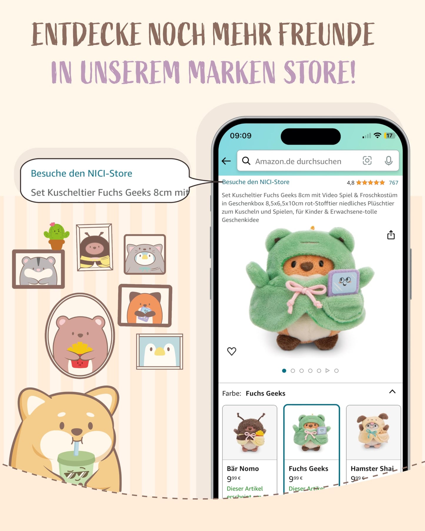 NICI MYMOCHI Fuchs Kuscheltier Geeks 16 cm mit Videospiel in Geschenkbox 11x12x6,5 cm, Flauschiges Stofftier zum Kuscheln, Spielen und Liebhaben - 61151