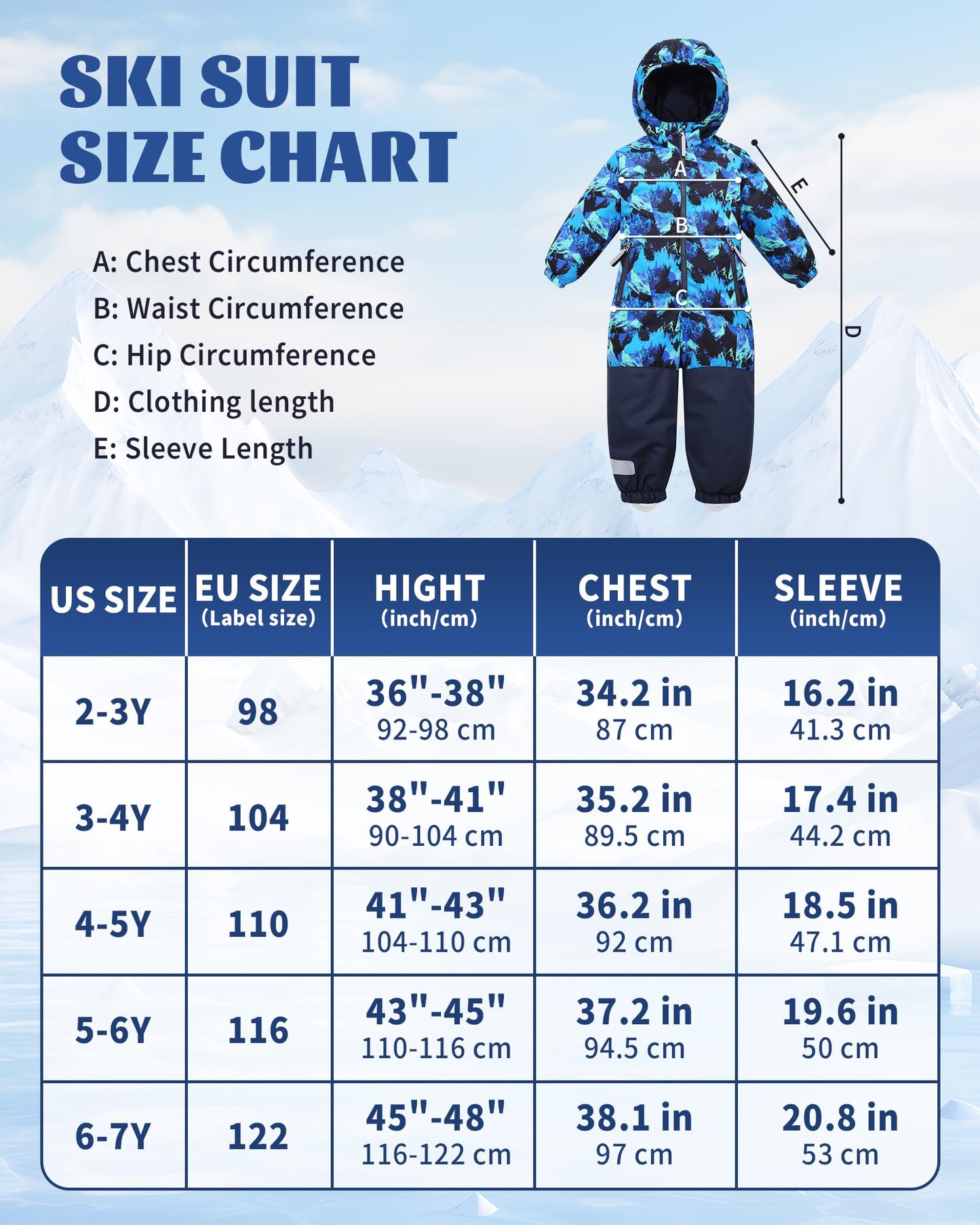 Owntop Children's Unisex Snow Suit Girls Boys Windproof Waterproof Ski Suit with Hood Zip 98-122