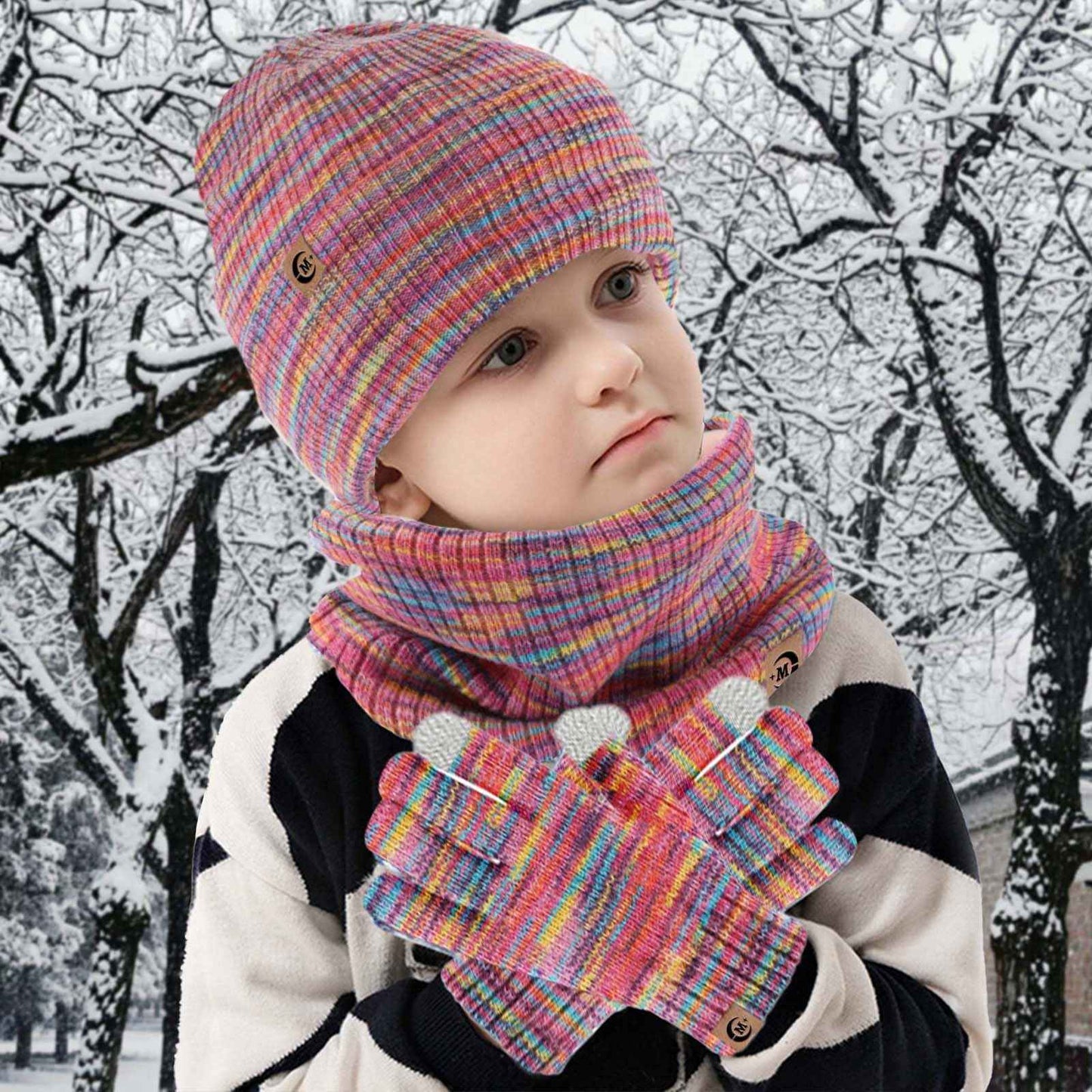MARUKO Children's Winter Hat Scarf Gloves Set 3 in 1, Toddler Knitted Beanie Neck Warmer, Thick Fleece Thermal Knit Hat Scarf Gloves Set for Children Aged 2-8