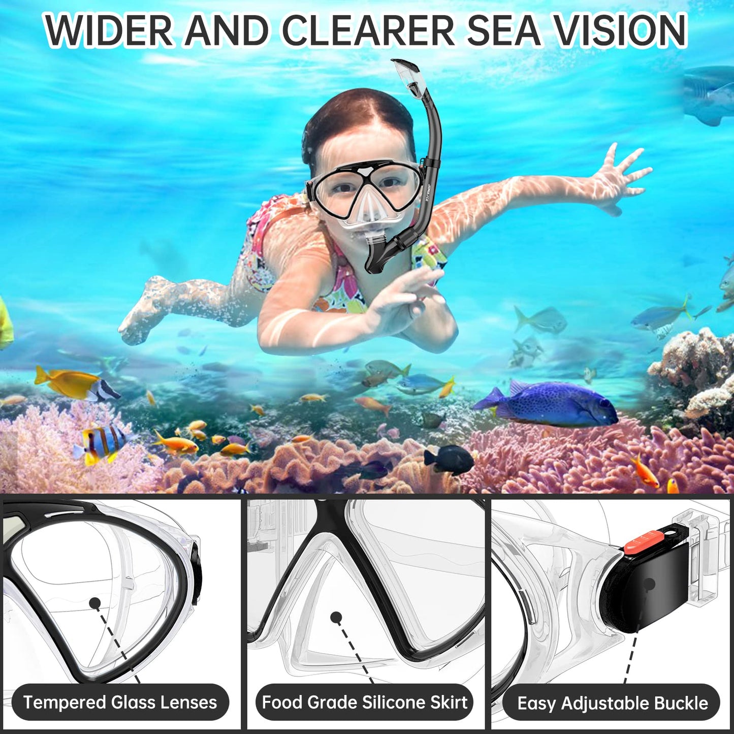 JEMULICE Taucherbrille Kinder, Schwimmbrille Kinder Schnorchelmaske für Jungen Mädchen, Tauchmaske mit Nasenabdeckung 180°Panorama HD Anti Nebel Anti-Leck Schwimmmaske für Kinder 4-16 Jahre