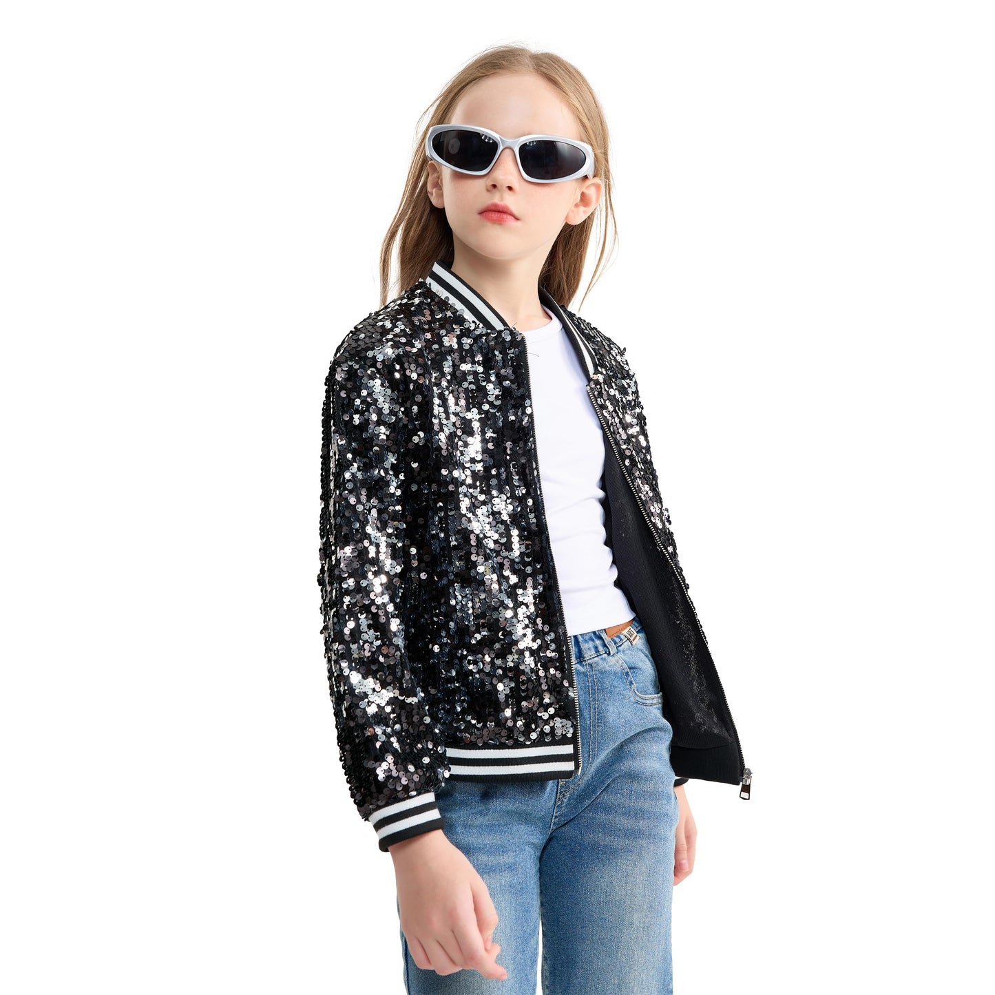 LOLANTA Girls Sequin Bomber Jacket with Pockets Zipper Long Sleeve Glitter Baseball Jackets for Kids 4-13 Years