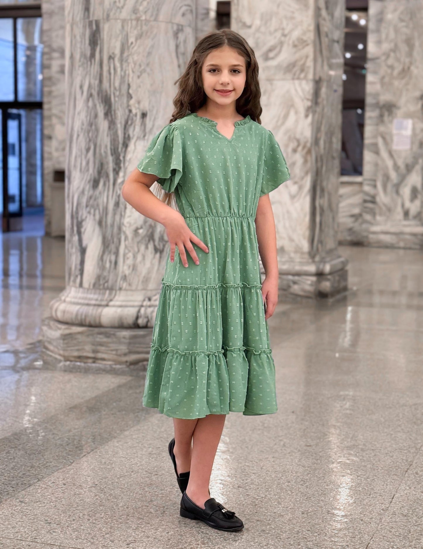 Arshiner Girls Dress Festive Ruffle Sleeve Summer Dresses V-Neck Party Dress Swiss Dot Tiered Dress Children A-Line Swing Kids Dress with Pocket 3-12 Years