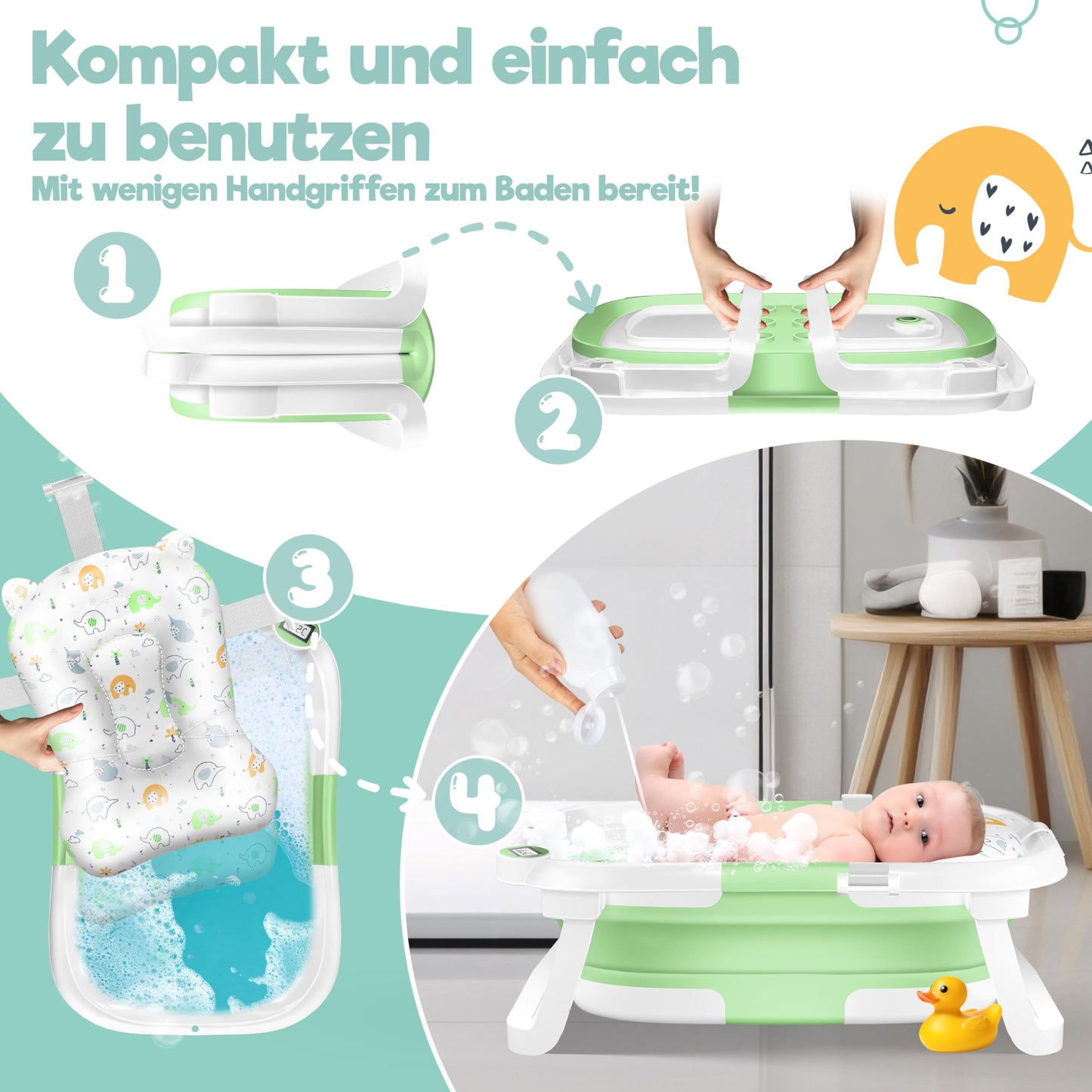 KIDIZ® Baby Bathtub, Baby Bathtub, Space-Saving & Foldable, Bath Tub, Shower Tray for Newborns, Toddlers, 0-24 Months, Portable Travel Shower for Babies, Ergonomic Bathtub with Thermostat and