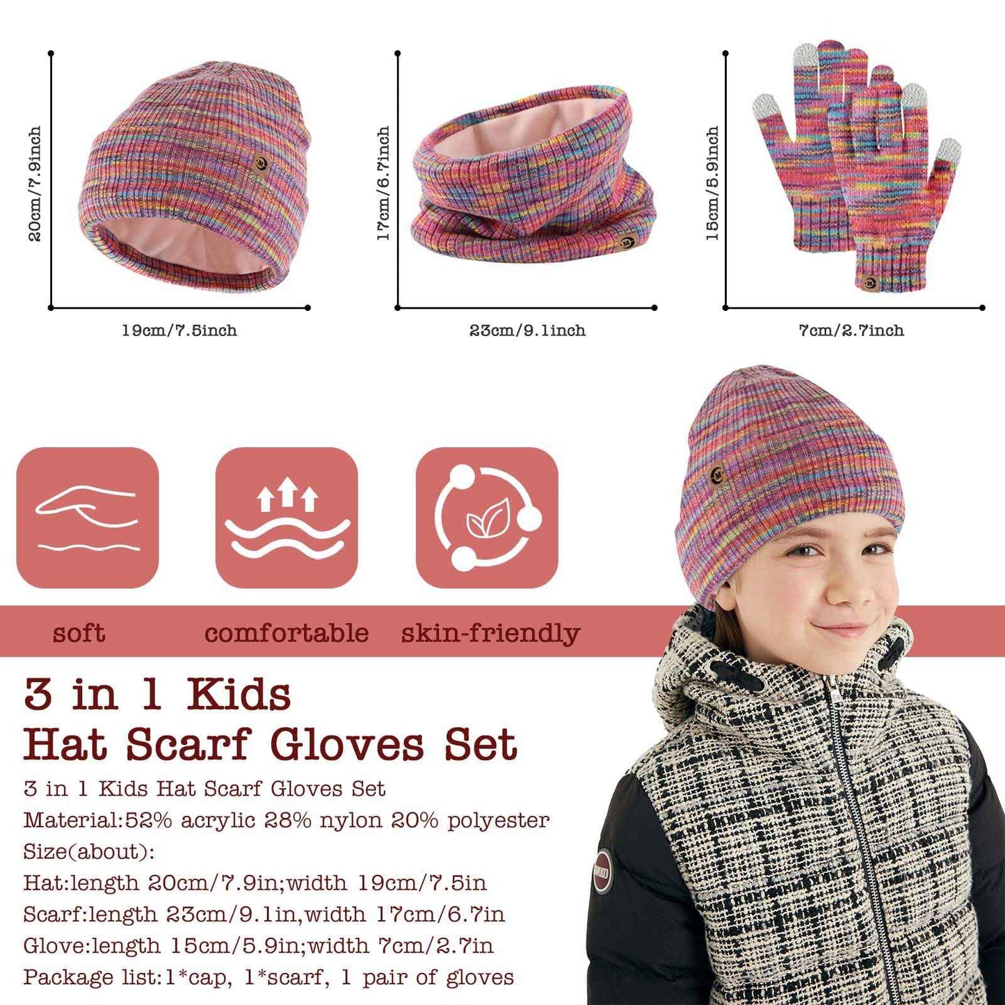 MARUKO Children's Winter Hat Scarf Gloves Set 3 in 1, Toddler Knitted Beanie Neck Warmer, Thick Fleece Thermal Knit Hat Scarf Gloves Set for Children Aged 2-8