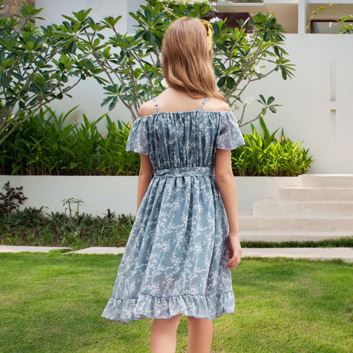 cenozo Casual Dresses for Girls, Chiffon Floral Dress, Off-the-Shoulder Summer Dress with Adjustable Straps, Leisure with Ruffle Sleeves, for Girls Aged 6 to 14 Years