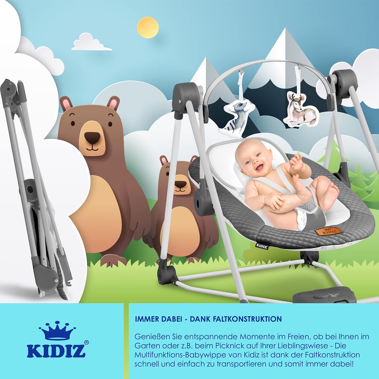 KIDIZ® Baby Rocker Baby Swing with 5 Speed Settings Foldable Baby Rocker Swing Baby High Chair with Play Arch Toys 5 Soothing Natural Sounds Newborn Anthracite
