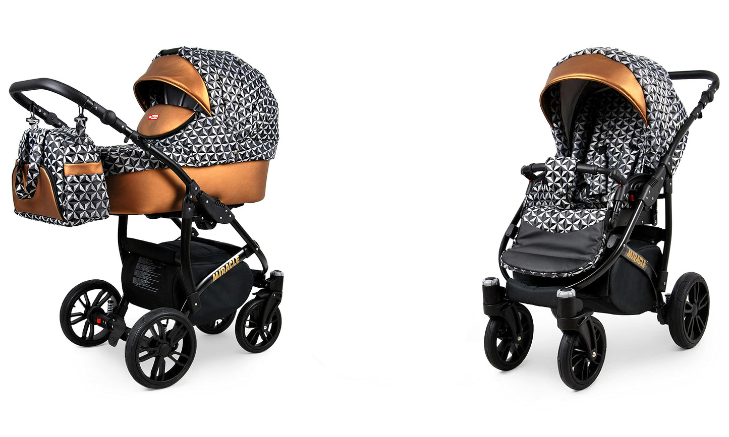 BabyLux Miracle 2-in-1 Baby Pushchair Deep and Pushchair with Accessories Adjustable and Foldable Aluminium Construction Waterproof Non-Removable Wheels Gold Leaf