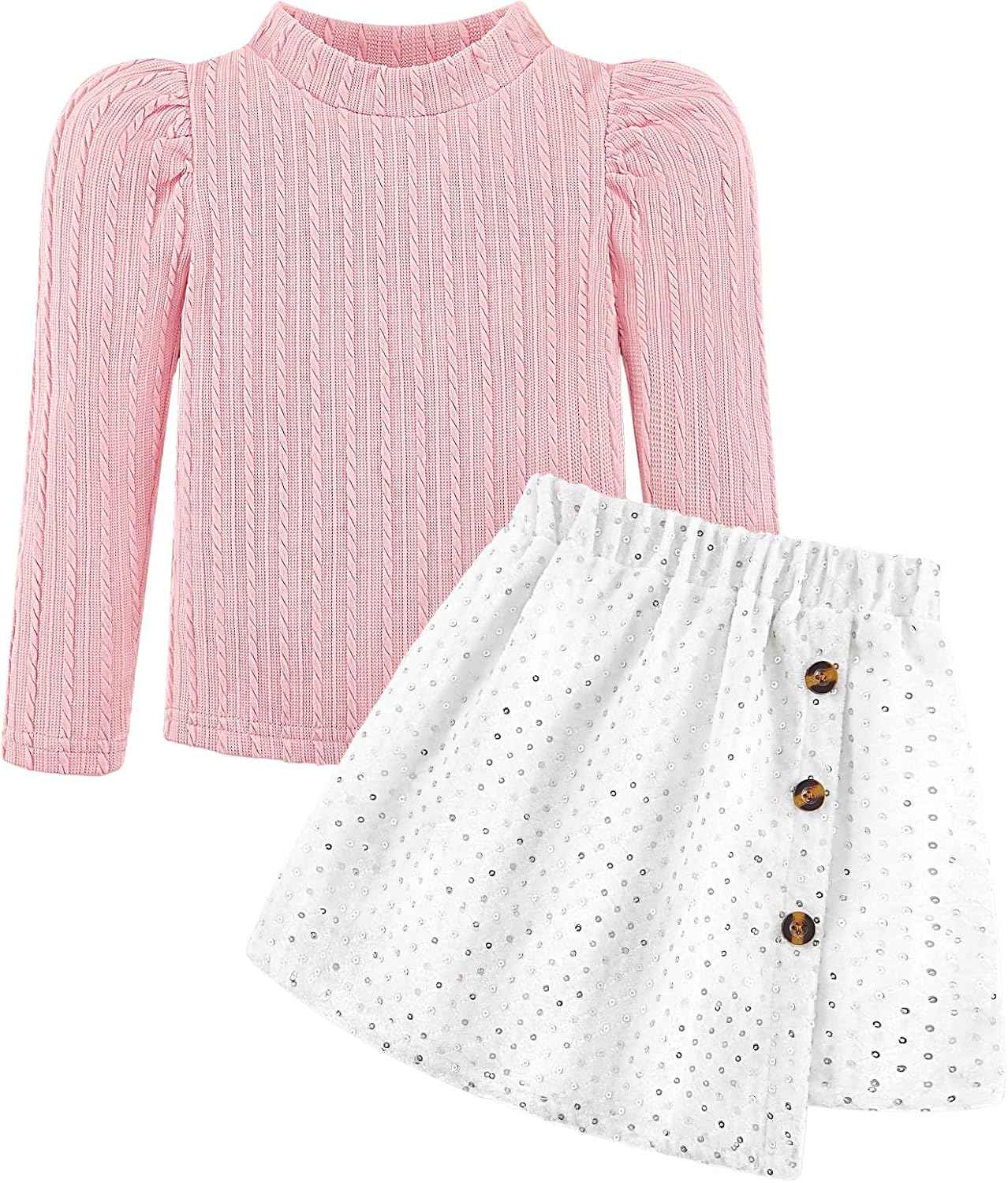 Bkixhv Baby Girls Clothes, Toddler Girls Skirt Set, Autumn Outfits, Long Puff Sleeves, Tops and Sequin Mini Skirt