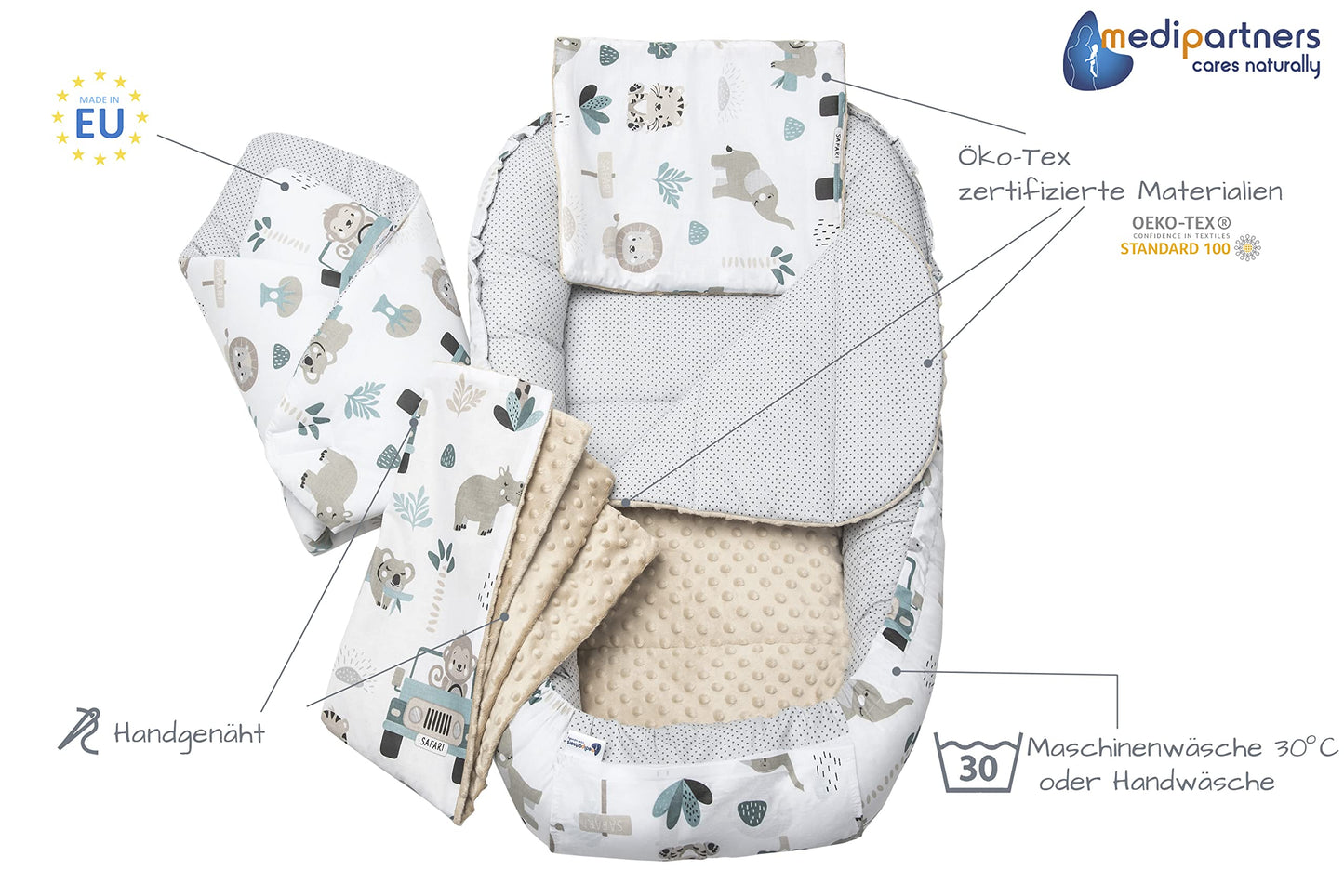 Medi Partners Babynestchen Babynest Set 100x60x15 Kuschelnest 5 teilig herausnehmbarer Einsatz Kokon Nestchen Babys Neugeborene 100% Baumwolle (REH mit Grauem Minky)