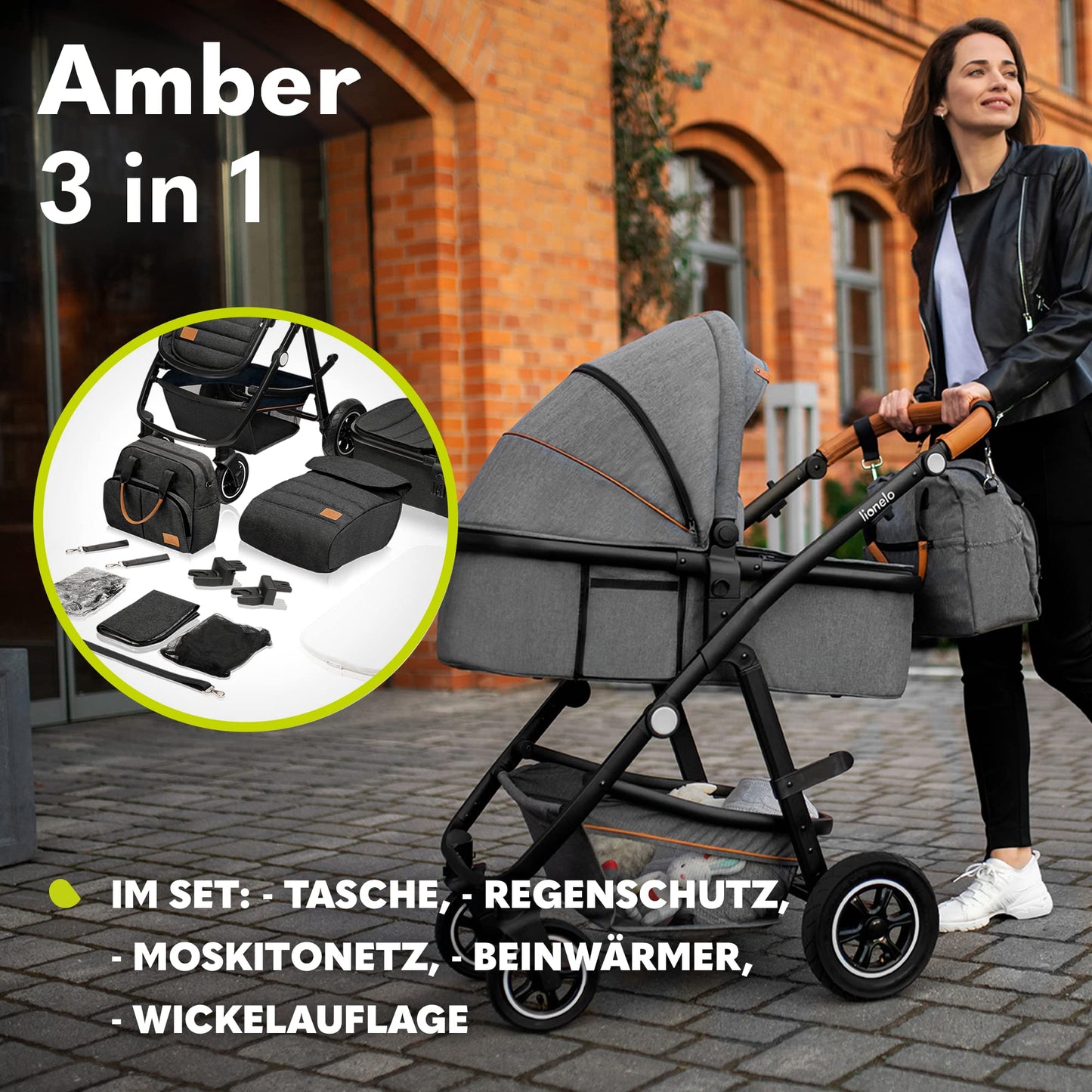 LIONELO MERIL 3-in-1 Multifunktionaler Kinderwagen 0-48 Monate Bis zu 22 kg, Babywanne bis zu 9 kg, Kindersitz bis zu 13 kg, Geländeräder 360°, Vollfederung, XXL-Verdeck mit UPF50+ - Meloni2