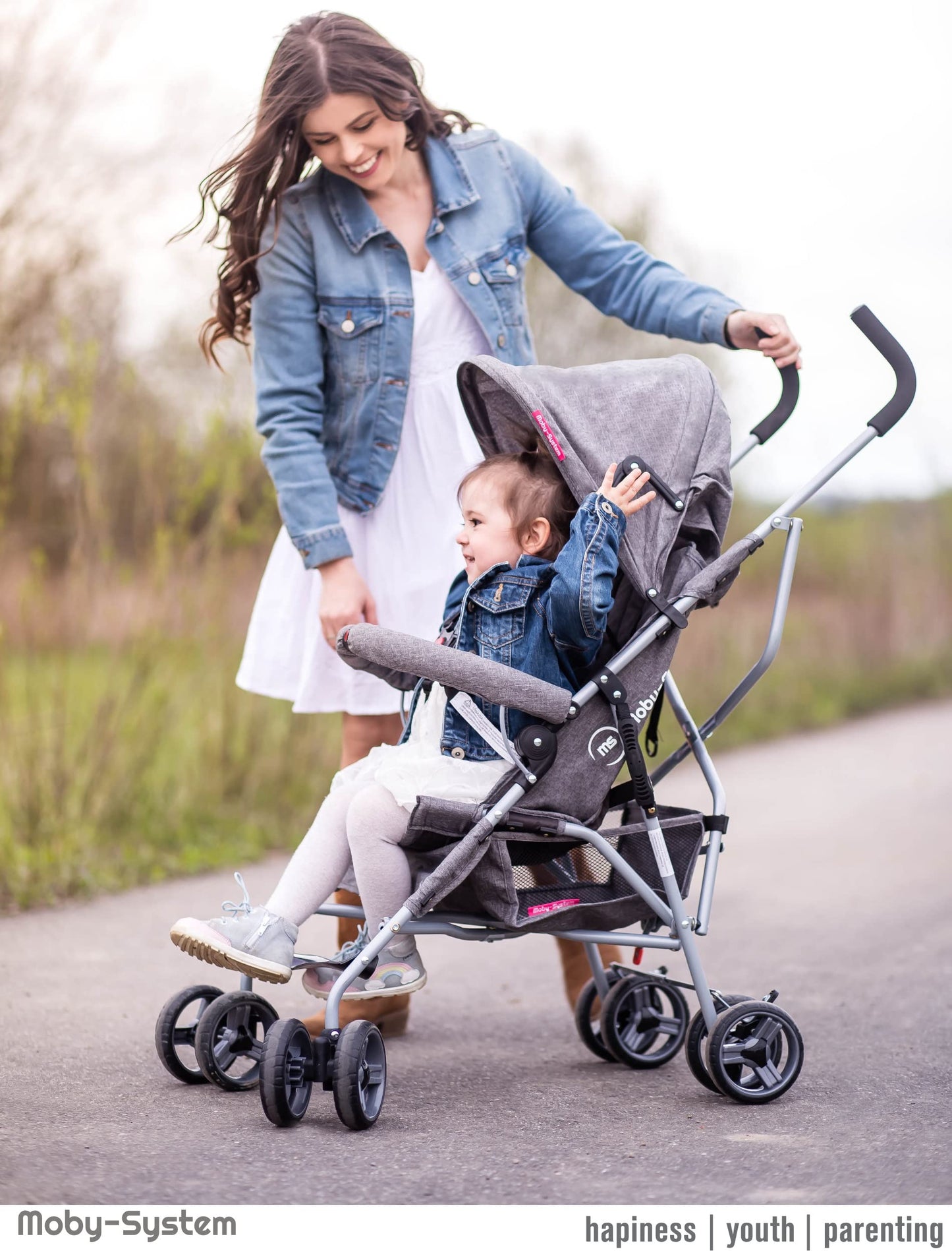 Moby-System, Buggy, superleicht und kompakt, bis 14 kg, verstellbare Rückenlehne, Doppelräder, schwenkbare Schaumstoffräder, faltbar, mit Sonnendach – idealer Kinderwagen für Spaziergänge, grau