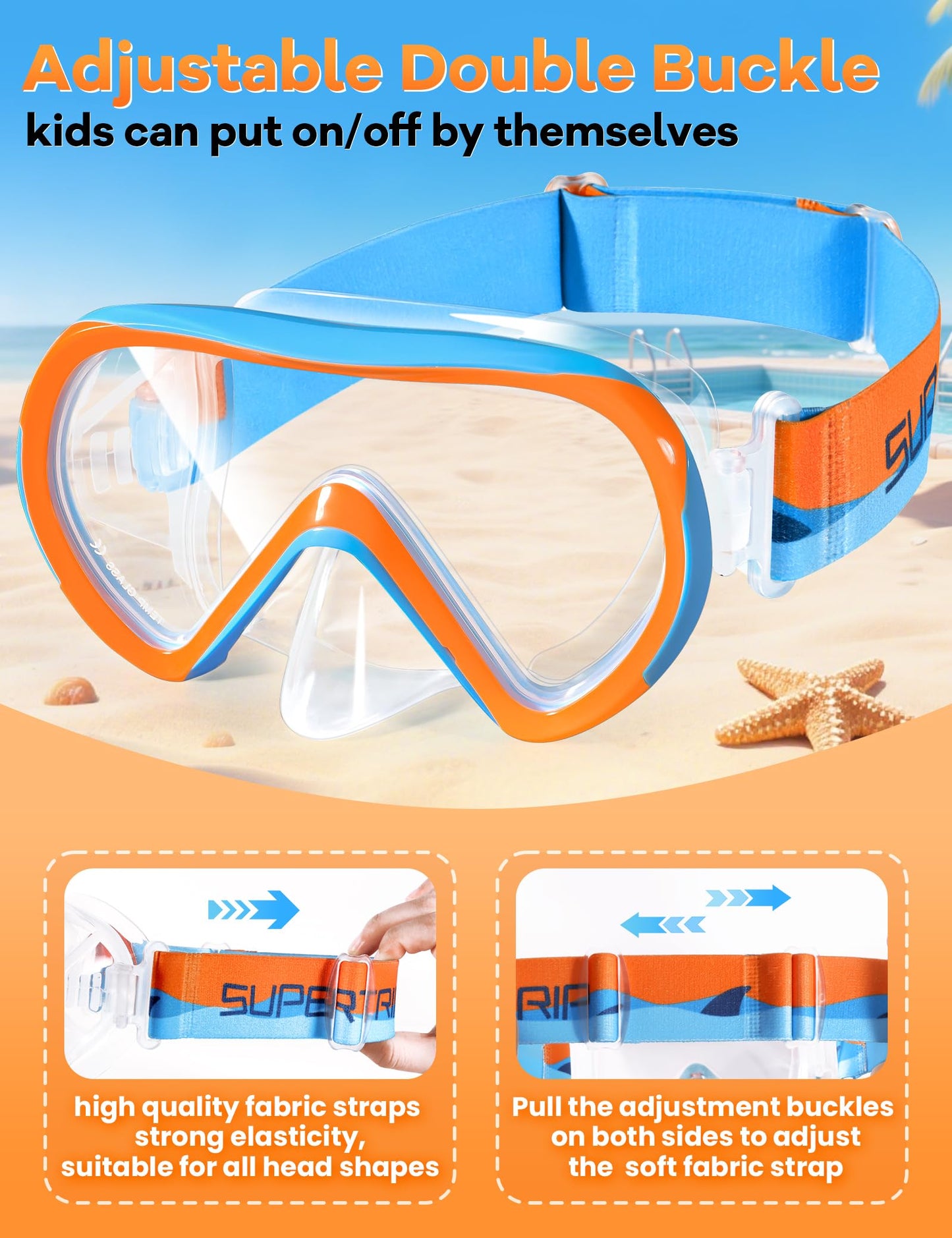 Supertrip Taucherbrille Kinder mit Stoffband,Schwimmbrille Kinder fur Mädchen Jugen,Gehärtetes Glas Schnorchelmaske Kinder mit Nase,180°Panorama Tauchmaske Schwimmmaske Kinder Anti-Leck fur 6-14 Jahre