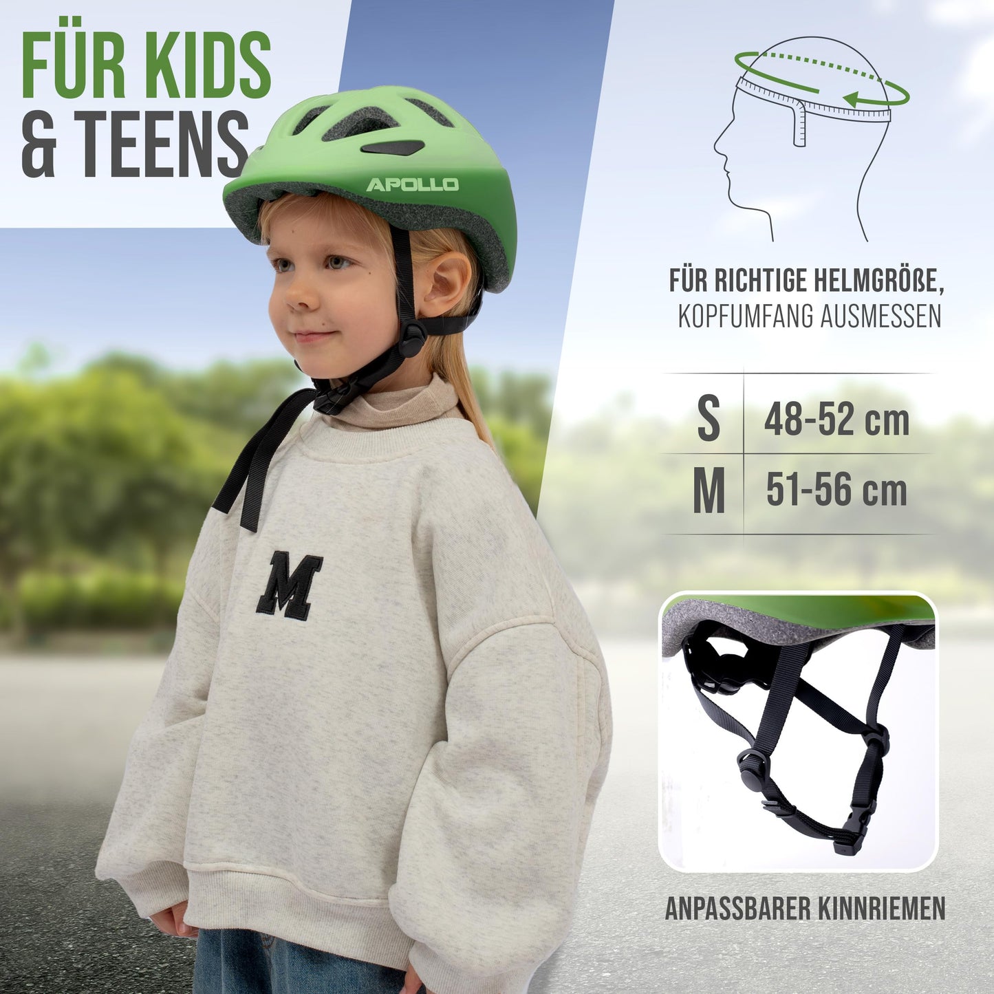 Apollo Kinder Fahrradhelm, Helm für Kinder & Jugendliche, Multisport Helm, Fahrradhelm Mädchen, Fahrradhelm Jungen, Kinderhelm ab 3 Jahre, Verstellbarer Kinder-Helm, ab Größe 48, für Fahrrad & Roller