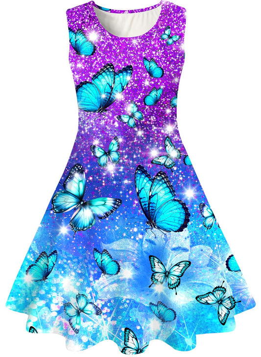 kids4ever Mädchen Kleid Ärmellos Sommerkleid Rundhals A-Linie Swing Kleid Meerjungfrau Galaxie Prinzessin Party Geburtstag 4-12 Jahre
