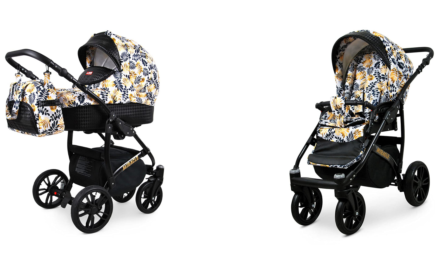 BabyLux Miracle 2-in-1 Baby Pushchair Deep and Pushchair with Accessories Adjustable and Foldable Aluminium Construction Waterproof Non-Removable Wheels Gold Leaf