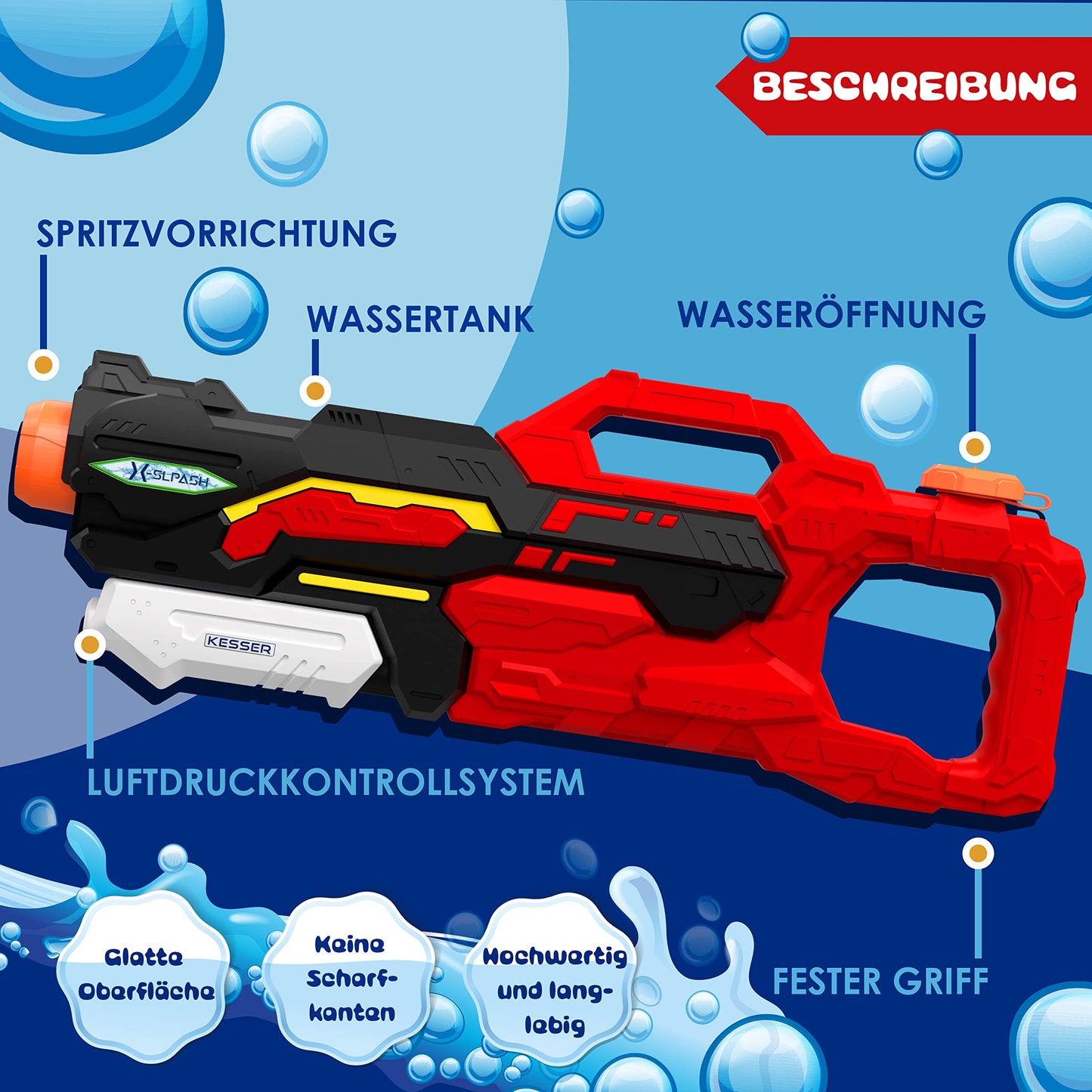KESSER® Wasserpistole 2er Set Wasserpistolen Spritzpistolen Reichweite 10-11 Meter, Fassungsvermögen 1500ml Wasserspaß Strand Spielzeug im Freien für Kinder und Erwachsene Strandpool, Blau/Weiß