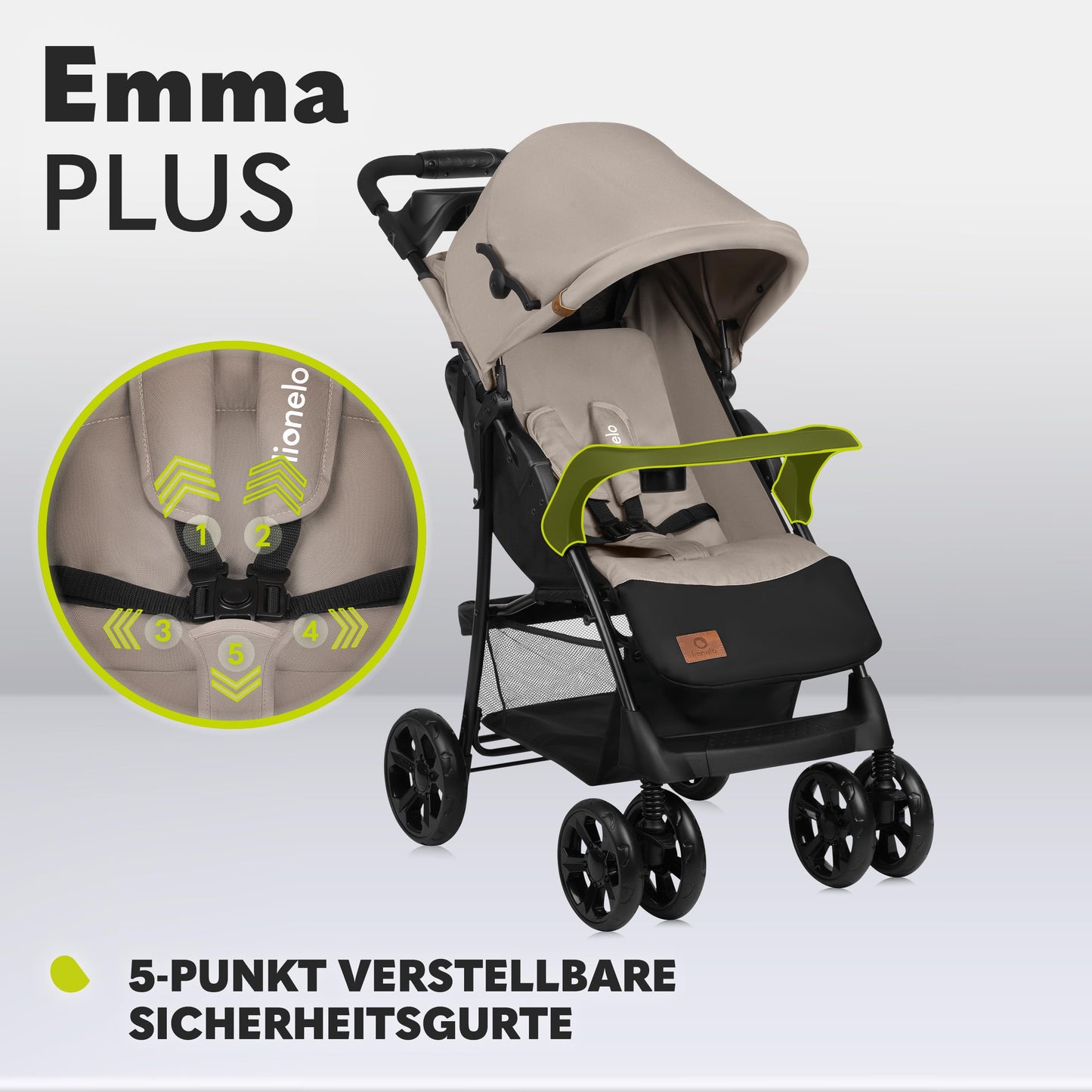 LIONELO Emma Plus Kinderwagen bis zu 15 kg, Kindersportwagen, leicht modern klein Buggy mit Liegeposition, zusammenklappbar, große Räder, großer Korb, Tasche Stone