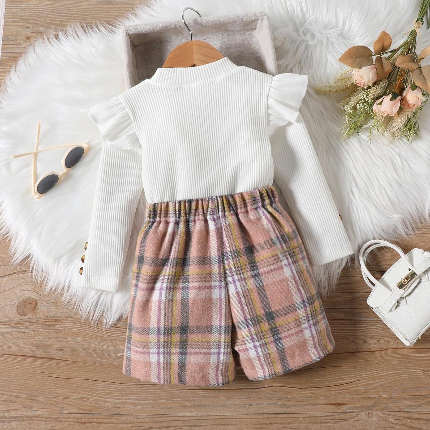 UUAISSO Kleinkind Baby Mädchen Kleidung Langarm Gerippte Oberteile Plaid Tweed Muster Rock Baskenmütze Herbst Knopf Outfits Sets